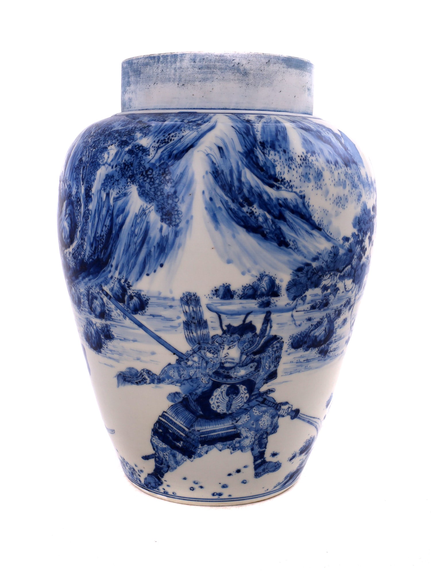 JAPANESE PORCELAIN BLUE AND WHITE VASE SAMURAI: Antique Japanese Meiji Period seto porcelain blue and white vase depicting two samurais in full armor. The vase has a richly decorated background depicting trees, a waterfall and battleships. Dimensio