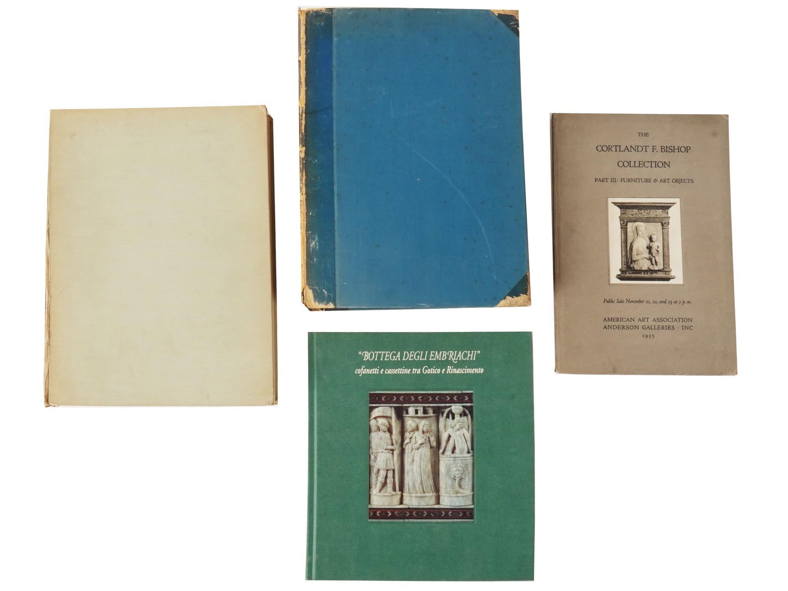 VINTAGE BOOK COLLECTION ON SCULPTURE AND PAINTING: Four vintage and contemporary art book editions in English and Italian. Pre-Romanesque Sculpture in Italy by Arthur Haseloff, published by Pegasus Press, 1930. La Bottega degli Embriachi by Michele To
