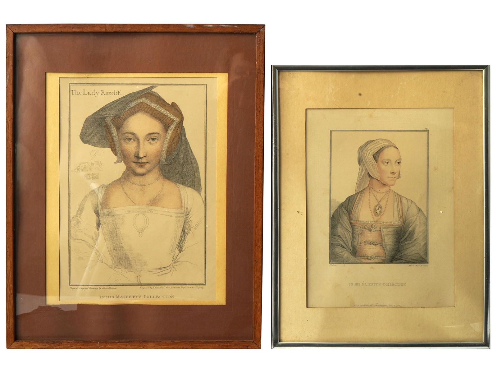 ANTIQUE RENAISSANCE LITHOGRAPHS AFTER HANS HOLBEIN: Two antique Renaissance In His Majestys Collection lithographs after Hans Holbein, depicting the lady Ratcliff and a portrait of an unknown woman. Both artworks were created by Francesco Bartolozzi in
