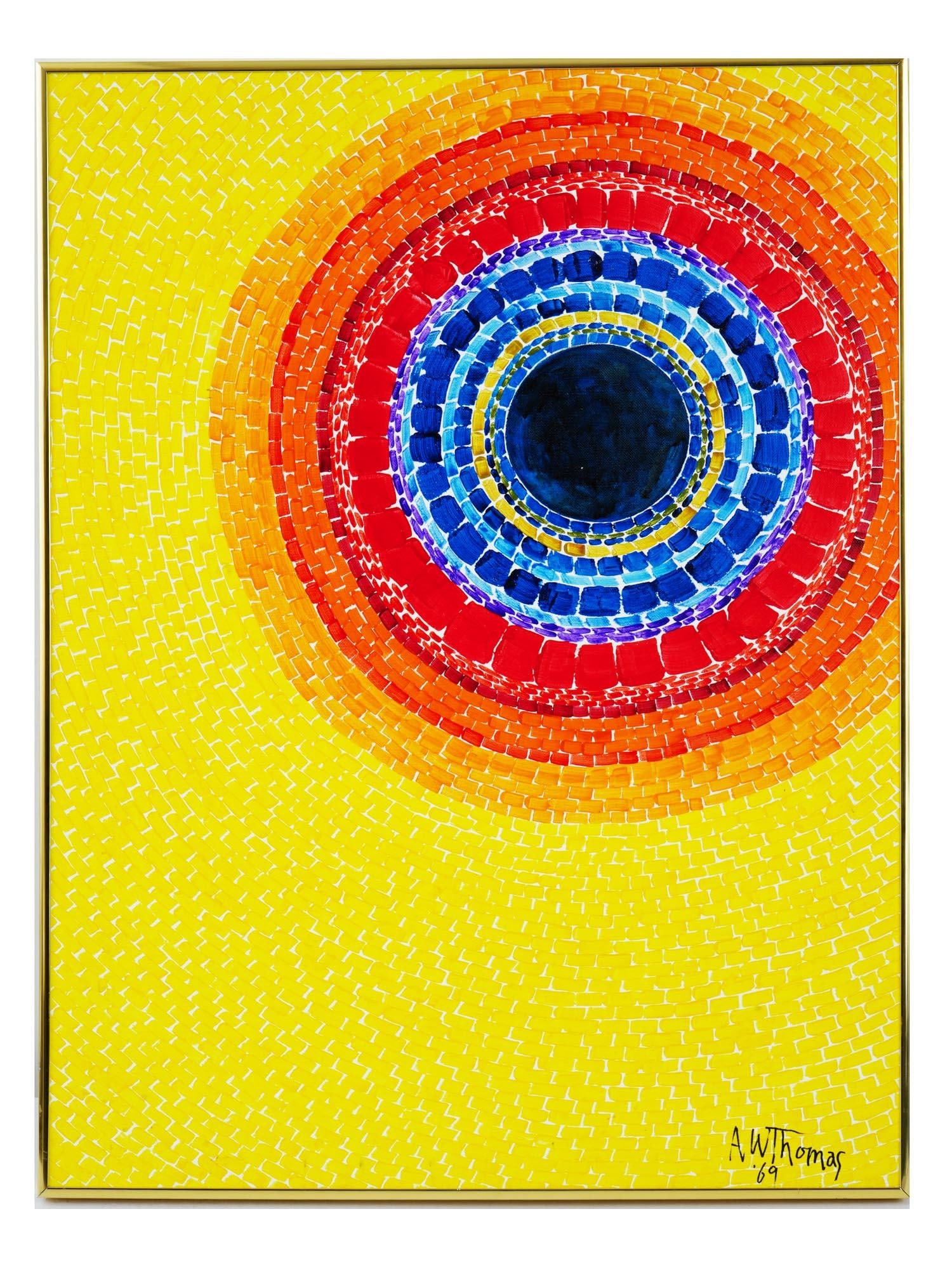 ATTR ALMA WOODSEY THOMAS ABSTRACT AMERICAN PAINTING: Attributed to Alma Woodsey Thomas, Afro American, 1891 to 1978, acrylic painting on canvas depicting an abstract optical composition, 1969. Signed and dated lower right. Framed. Alma Thomas is known f