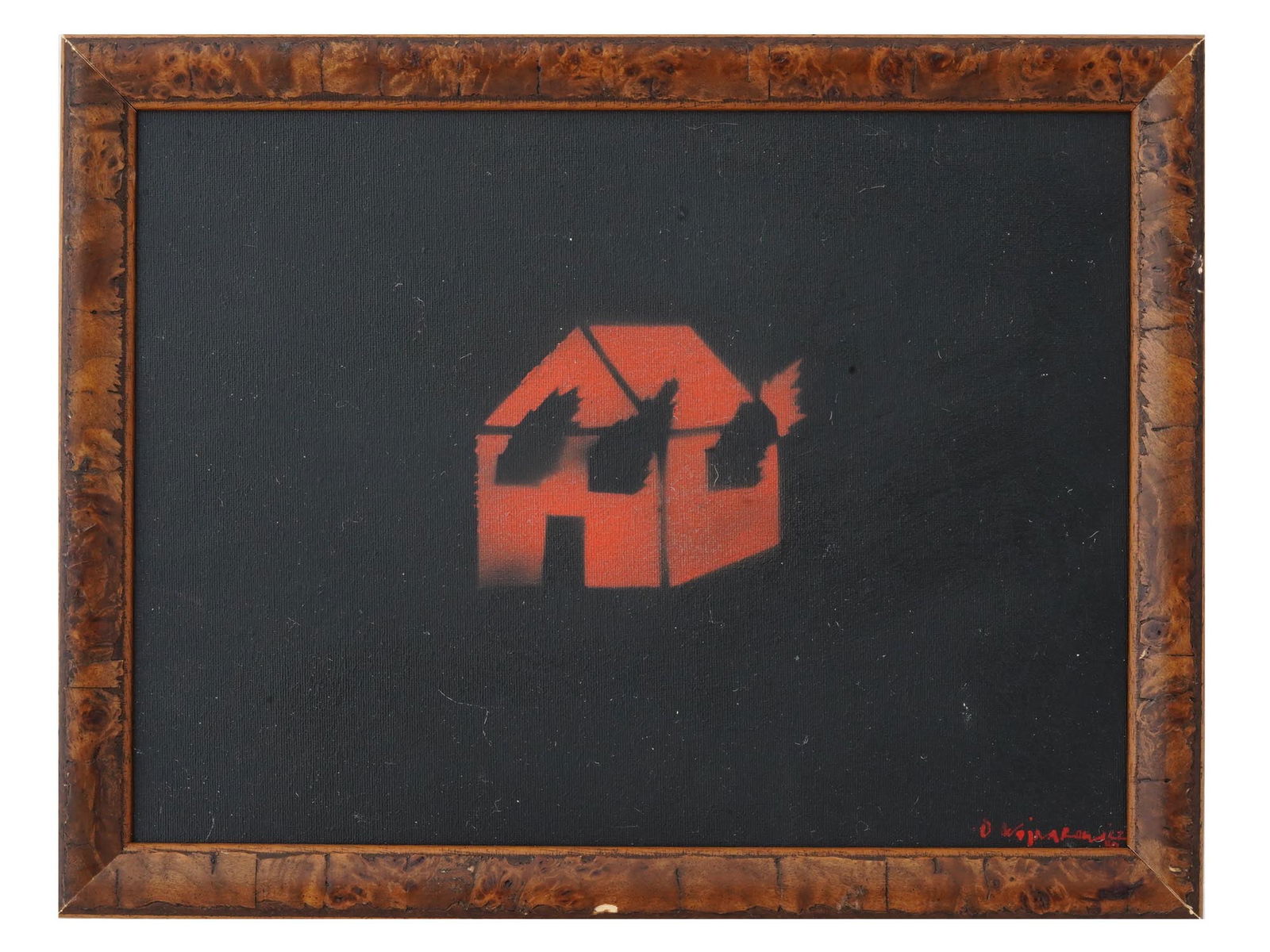 SIGNED DAVID WOJNAROWICZ AMERICAN OIL PAINTING: An oil on board painting depicting a red burning house on a black ground, signed, D. Wojnarowicz on the lower right. Framed. David Michael Wojnarowicz was an American painter, photographer, writer, fi