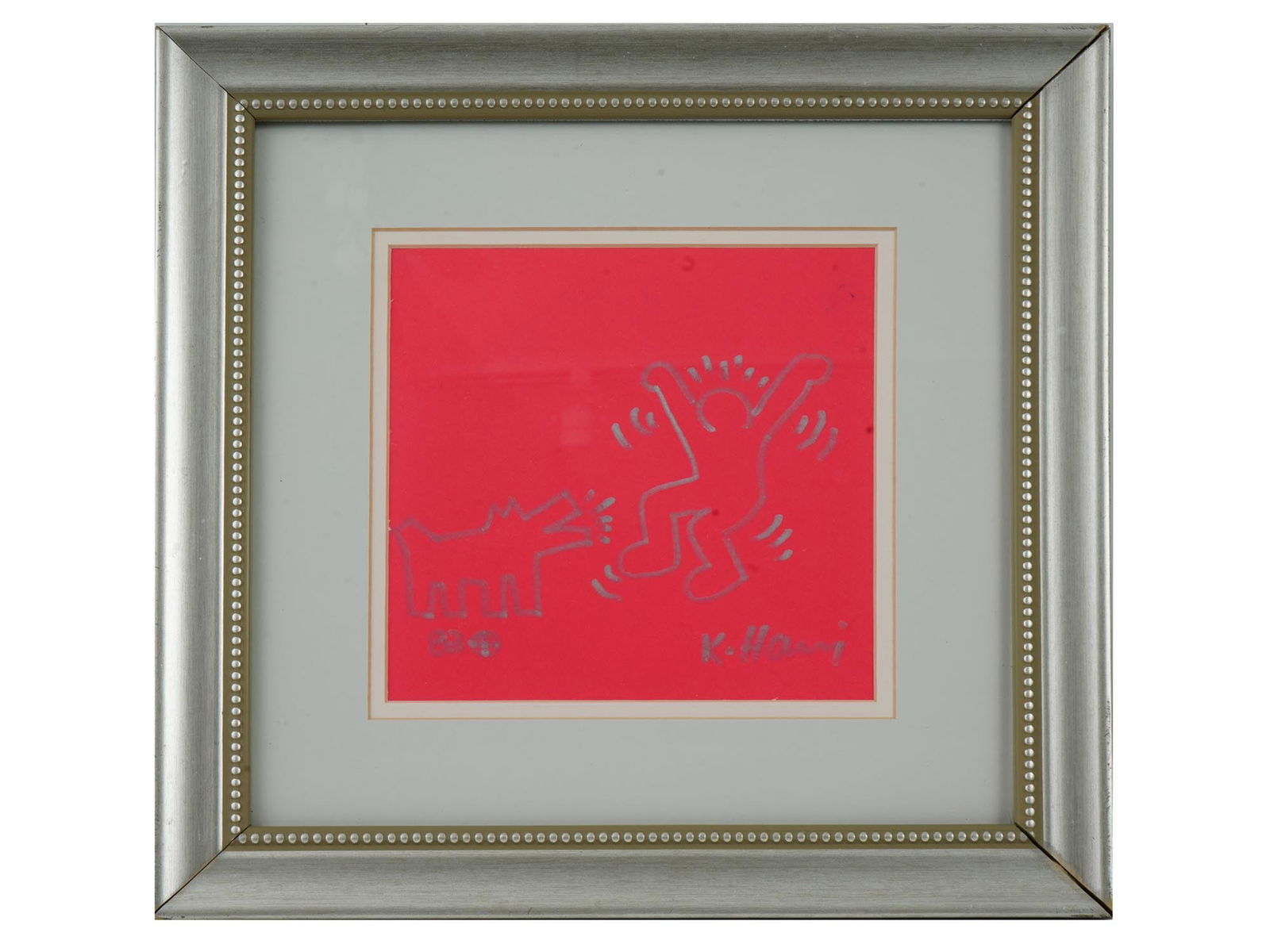 KEITH HARING SILVER INK ON PINK PAPER PAINTING W COA (1 of 5)