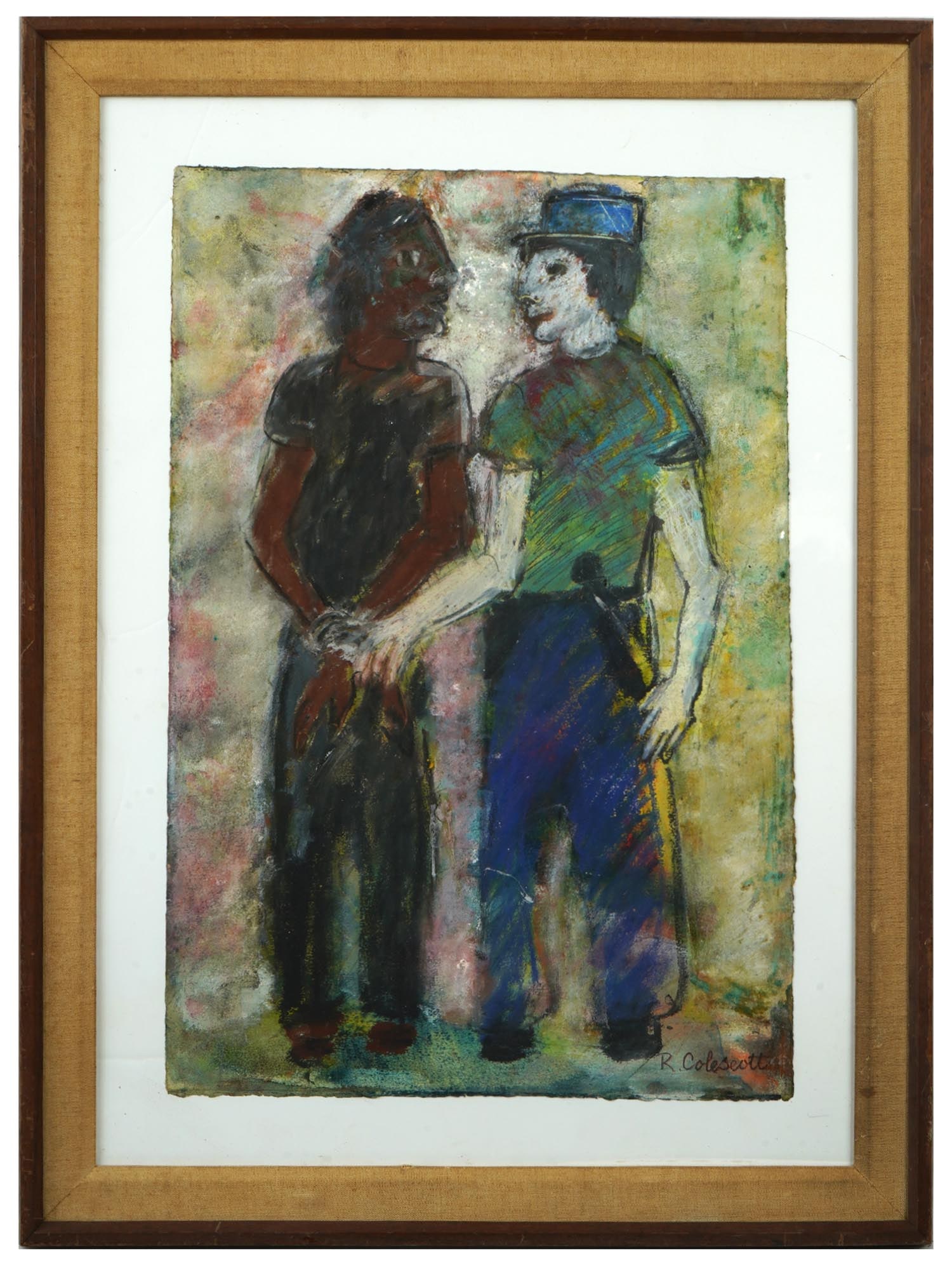 AMERICAN MIX MEDIA PAINTING BY ROBERT H COLESCOTT: An American mixed media painting on board by Robert H. Colescott. The painting depicts two men, a policeman and an arrested man. Signed lower right. Matted and framed. Robert H. Colescott, 1925 to 200