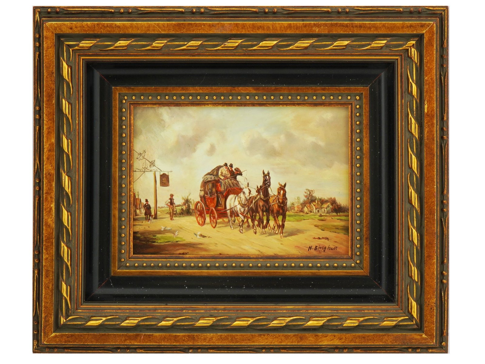 AMERICAN RURAL OIL PAINTING BY N HENRY BINGHAM: N Henry Bingham, American, born 1939, oil painting on wood board depicting a rural genre scene with a cart drawn by three horses. Signed lower left. Framed. N Bingham is known for Paintings of history