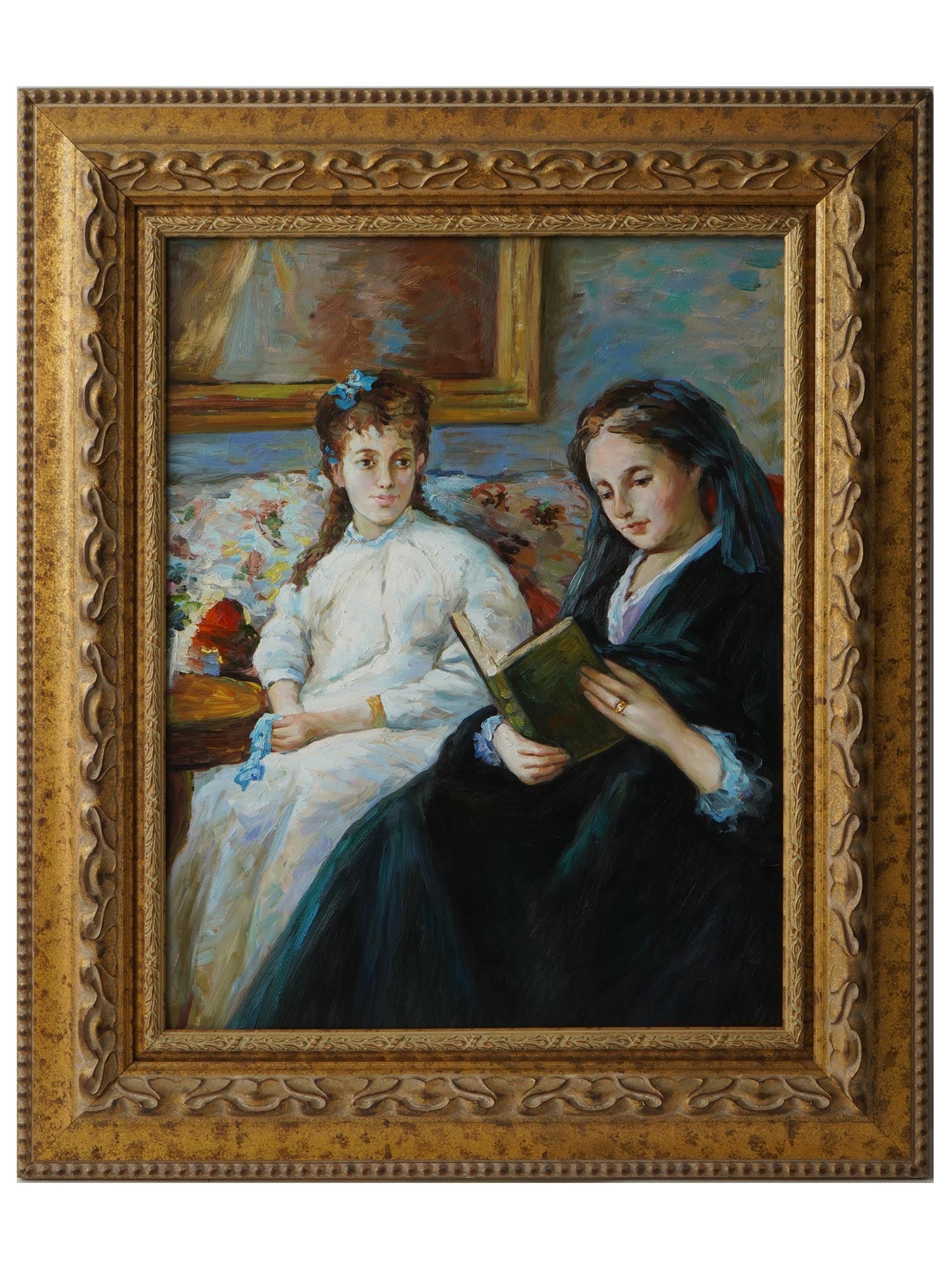 FRENCH PORTRAIT OIL PAINTING AFTER BERTHE MORISOT: A vintage oil painting on canvas depicting an interior double portrait of two ladies after the original oil painting on canvas, The Mother and Sister of the Artist, also known as The Reading, 1869 to