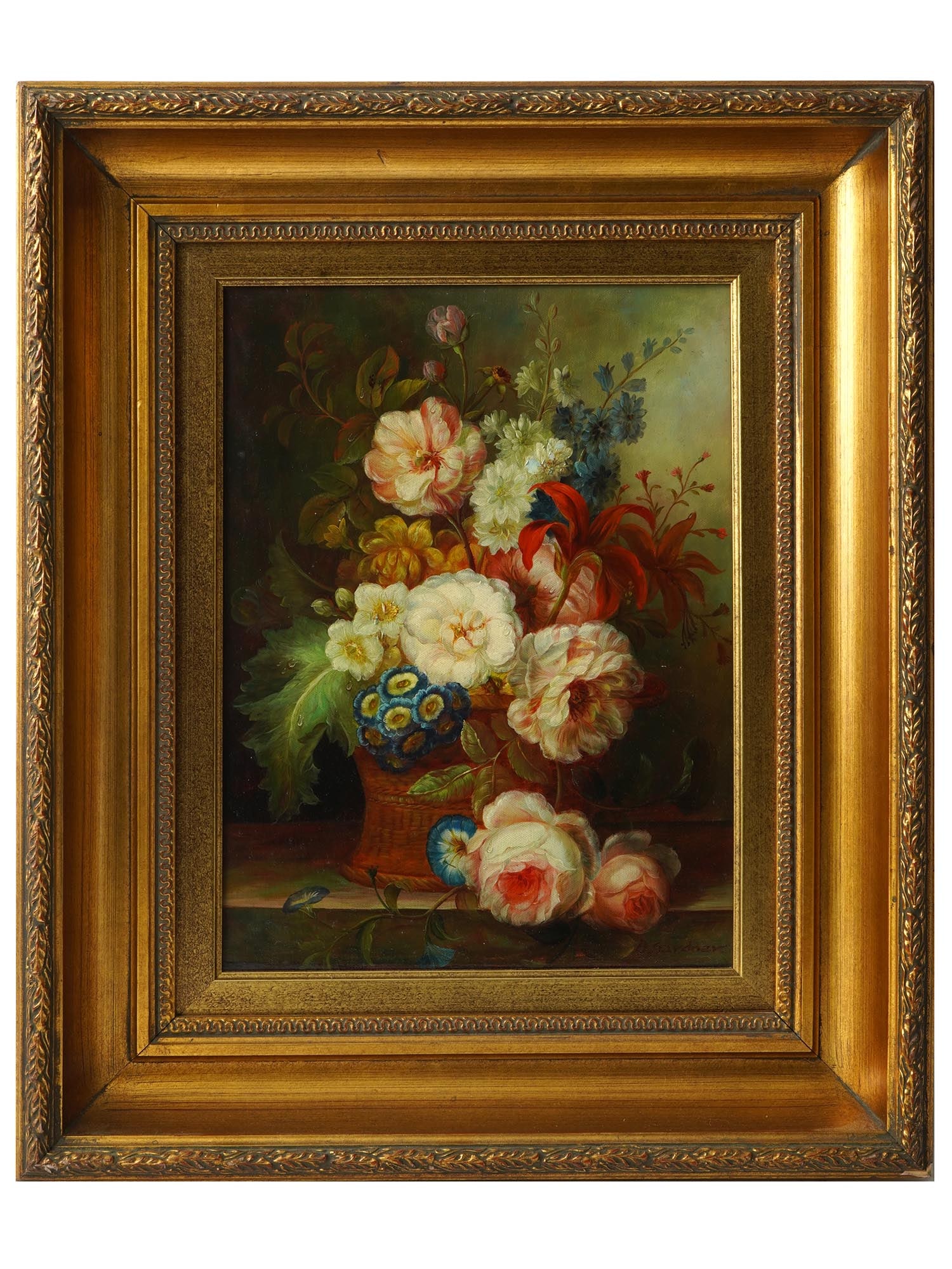 ANTIQUE AMERICAN STILL LIFE OIL PAINTING BY GARDNER: B. Gardner, American, 19th and 20th centuries American artist, an antique oil painting on canvas depicting a still life with flowers. Signed lower right. Framed. Circa: late 19th century to early 20th