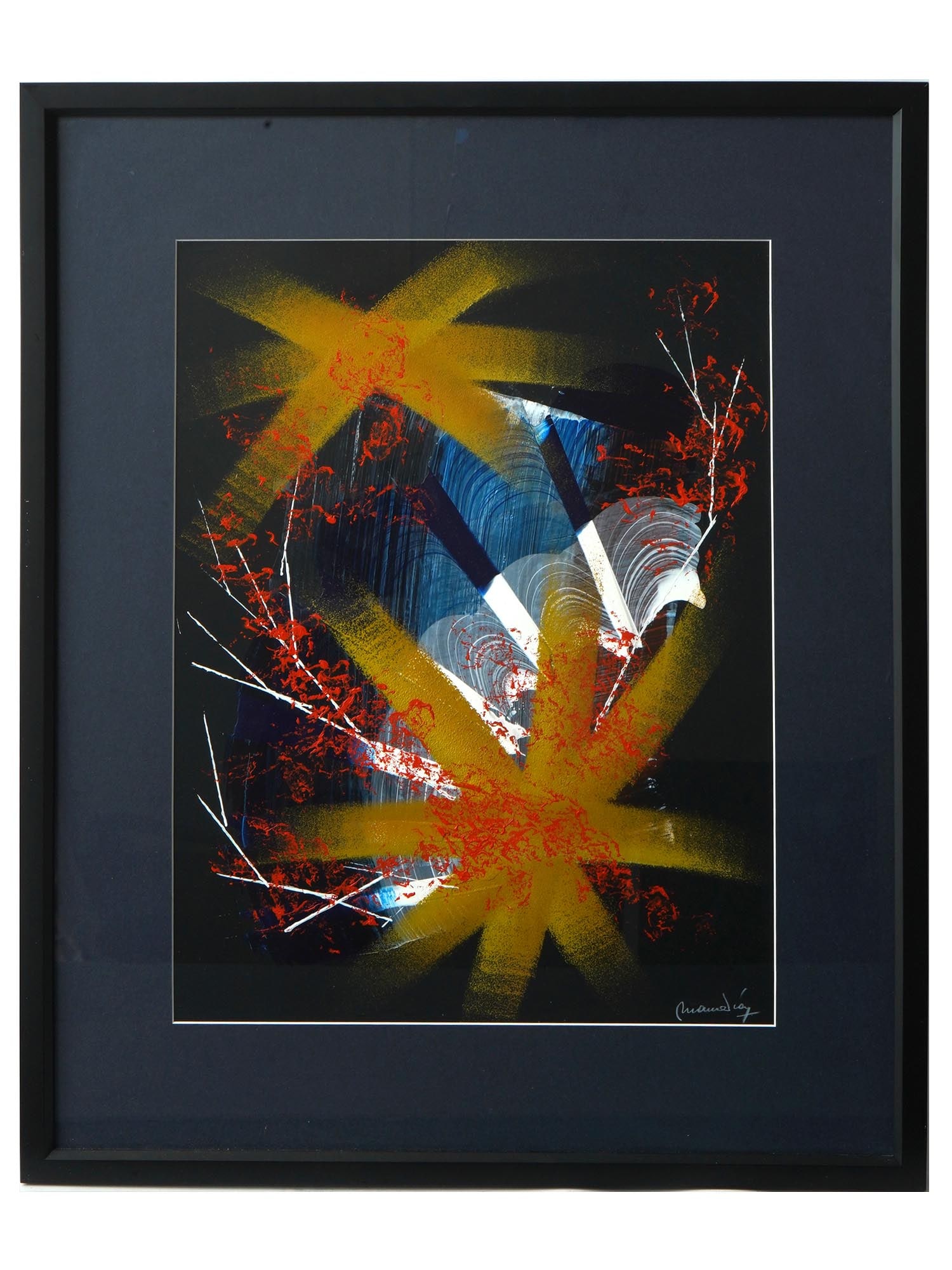 MANNER OF GEORGES MATHIEU MIXED MEDIA PAINTING: Mixed media painting on paper. In the manner of Georges Mathieu, 1921 to 2012, a French painter and art theorist associated with the lyrical abstraction movement. The artwork is an abstract compositio