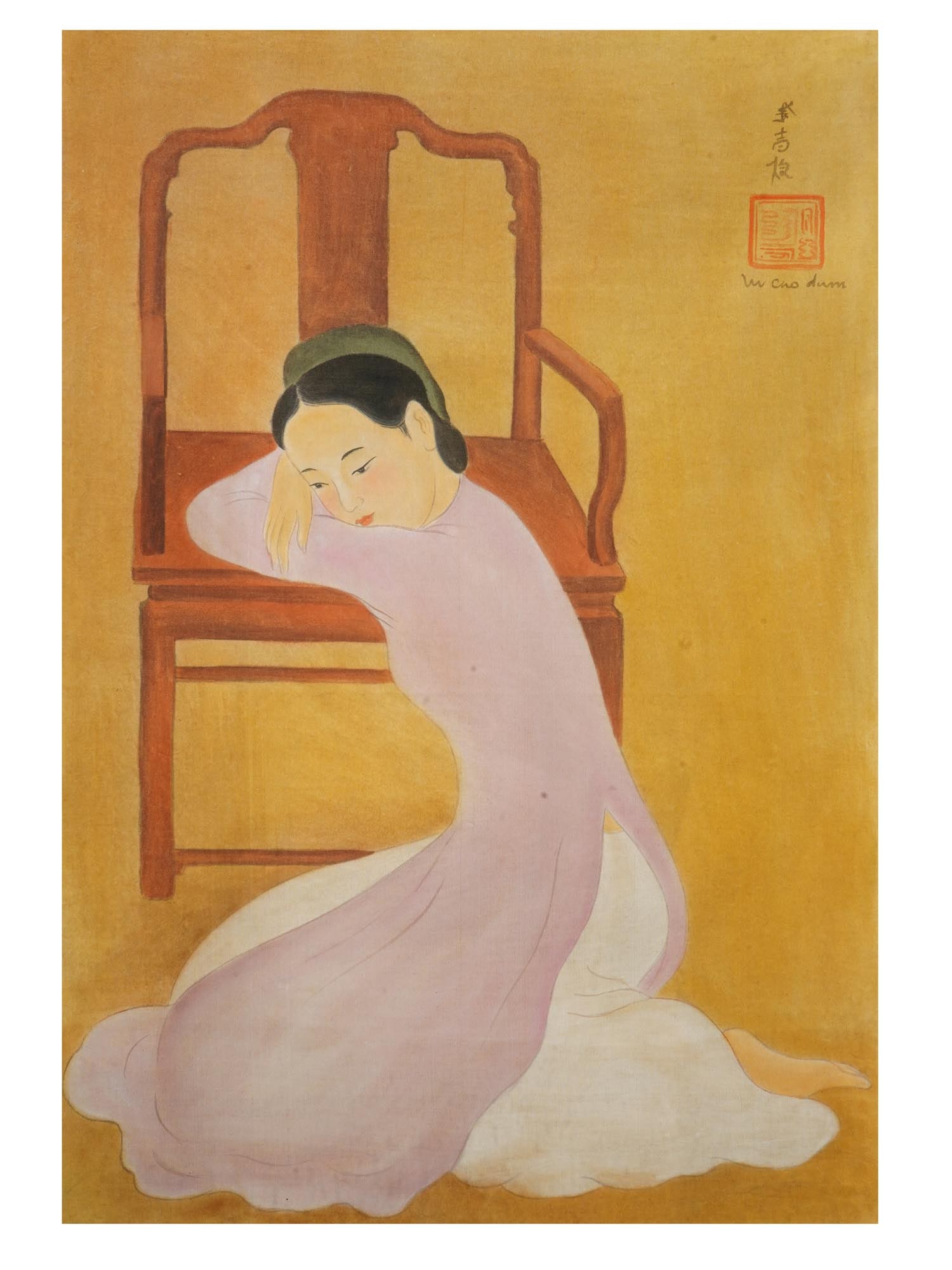 VIETNAMESE WATERCOLOR PAINTING AFTER VU CAO DAM: An ink and watercolor painting on silk depicting an interior portrait of a lady after Vu Cao Dam, Vietnamese, 1908 to 2000. Signed in Latin and with Calligraphy, and stamped with a red ink seal, upper
