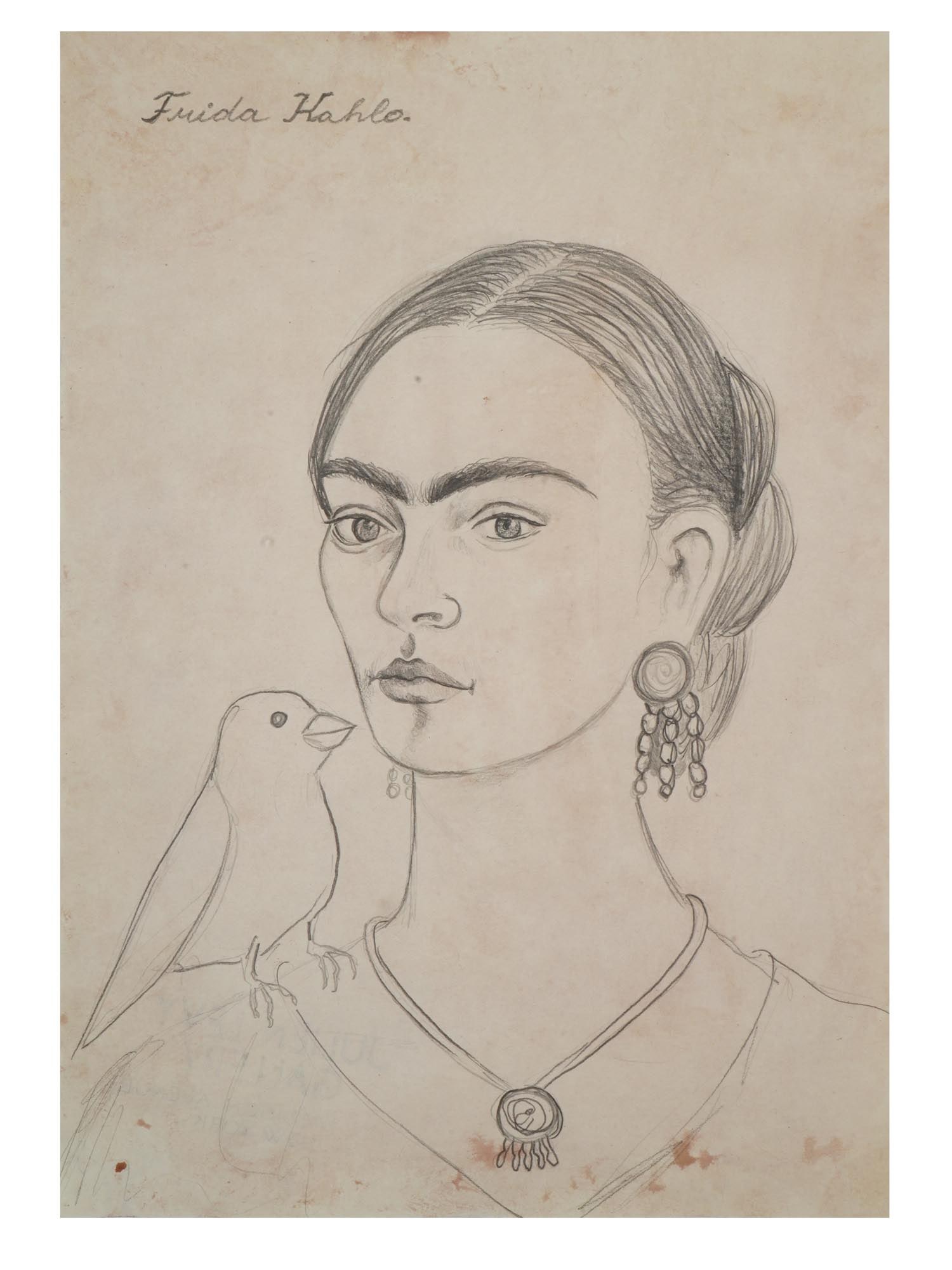 ATTR TO FRIDA KAHLO SELF PORTRAIT PENCIL PAINTING (1 of 4)