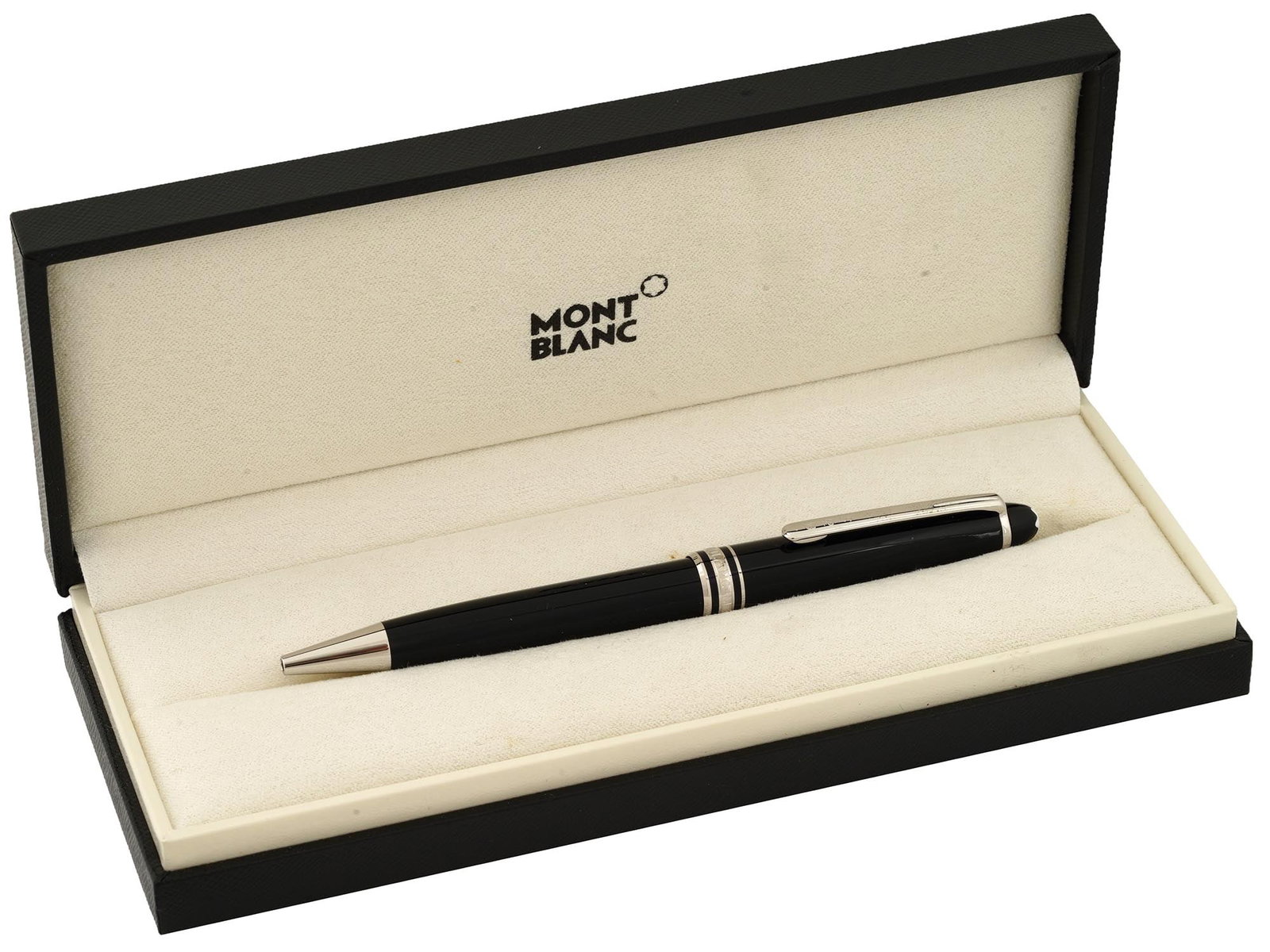 VINTAGE MONTBLANC MEISTERSTUCK BALLPOINT PEN IOB: A vintage ballpoint pen by Montblanc. Meisterstuck collection. Black body with silver-tone fittings. The clip bears an engraved monogram SRB. The cap surmounted by the white star emblem. Twist mechani