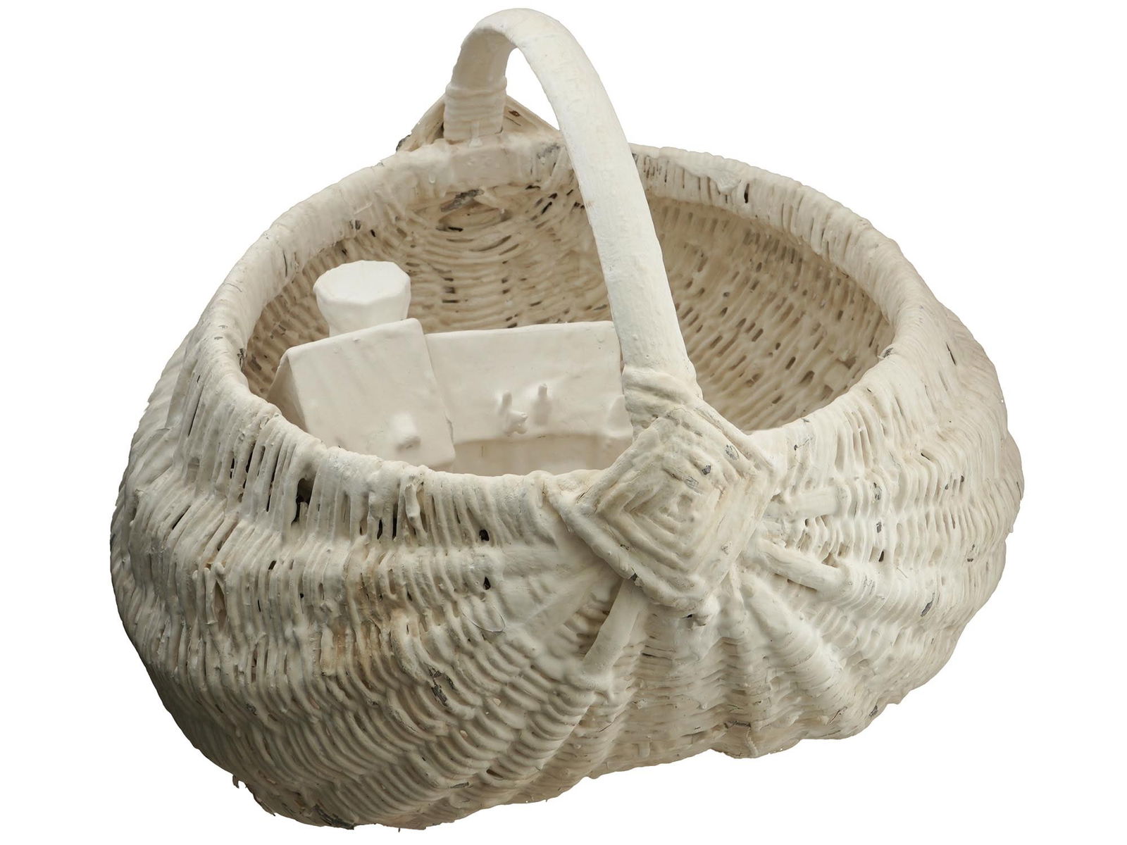 ATTR TO CY TWOMBLY AMERICAN MIXED MEDIA SCULPTURE: Attributed to Cy Twombly, American, 1928 to 2011, mixed media, metal and gypsum, basket form sculpture featuring a house sculpture inside. Signed and a fingerprint, on the bottom. Cy Twombly was an Am