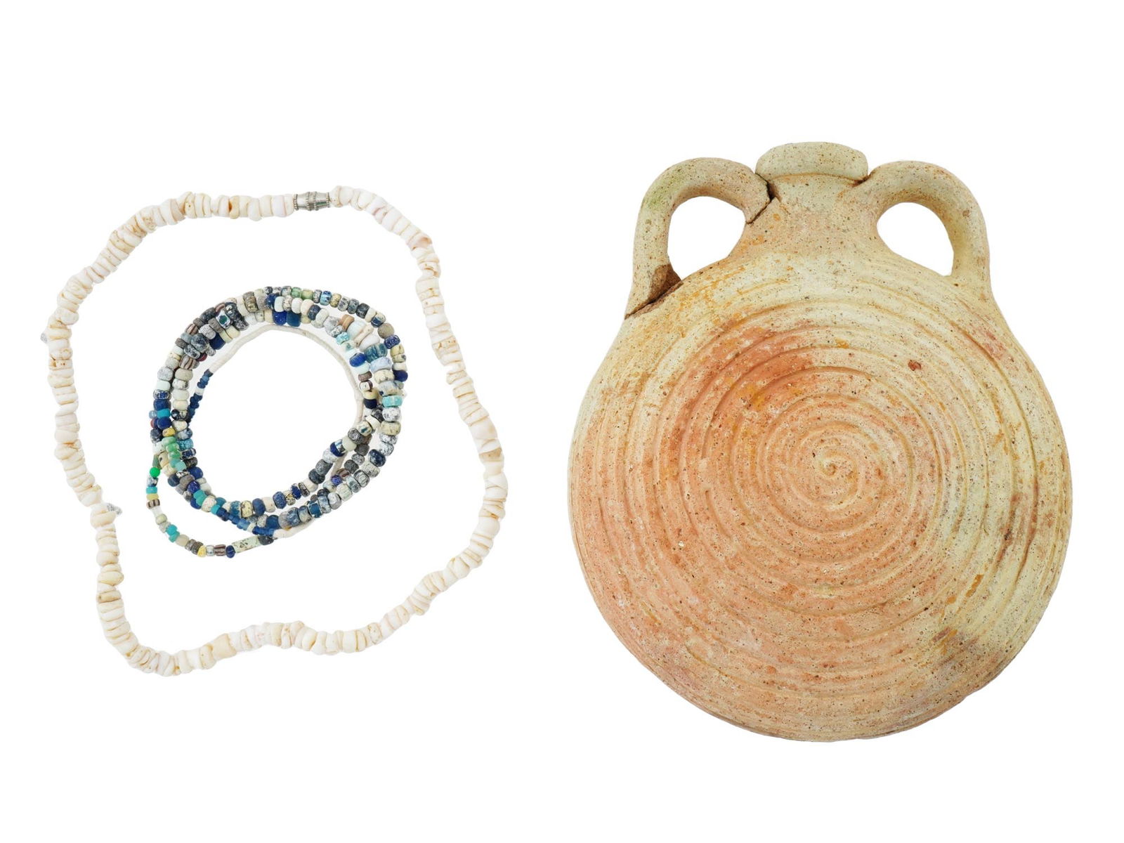 ANCIENT ROMAN TERRACOTTA AND GLASS ITEMS 100 TO 300 AD: A lot of three ancient Roman terracotta and glass items: an ancient Roman terracotta pilgrim flask with a squat, flattened, lentoid-shaped body and a short neck, flanked by a pair of loop handles prot