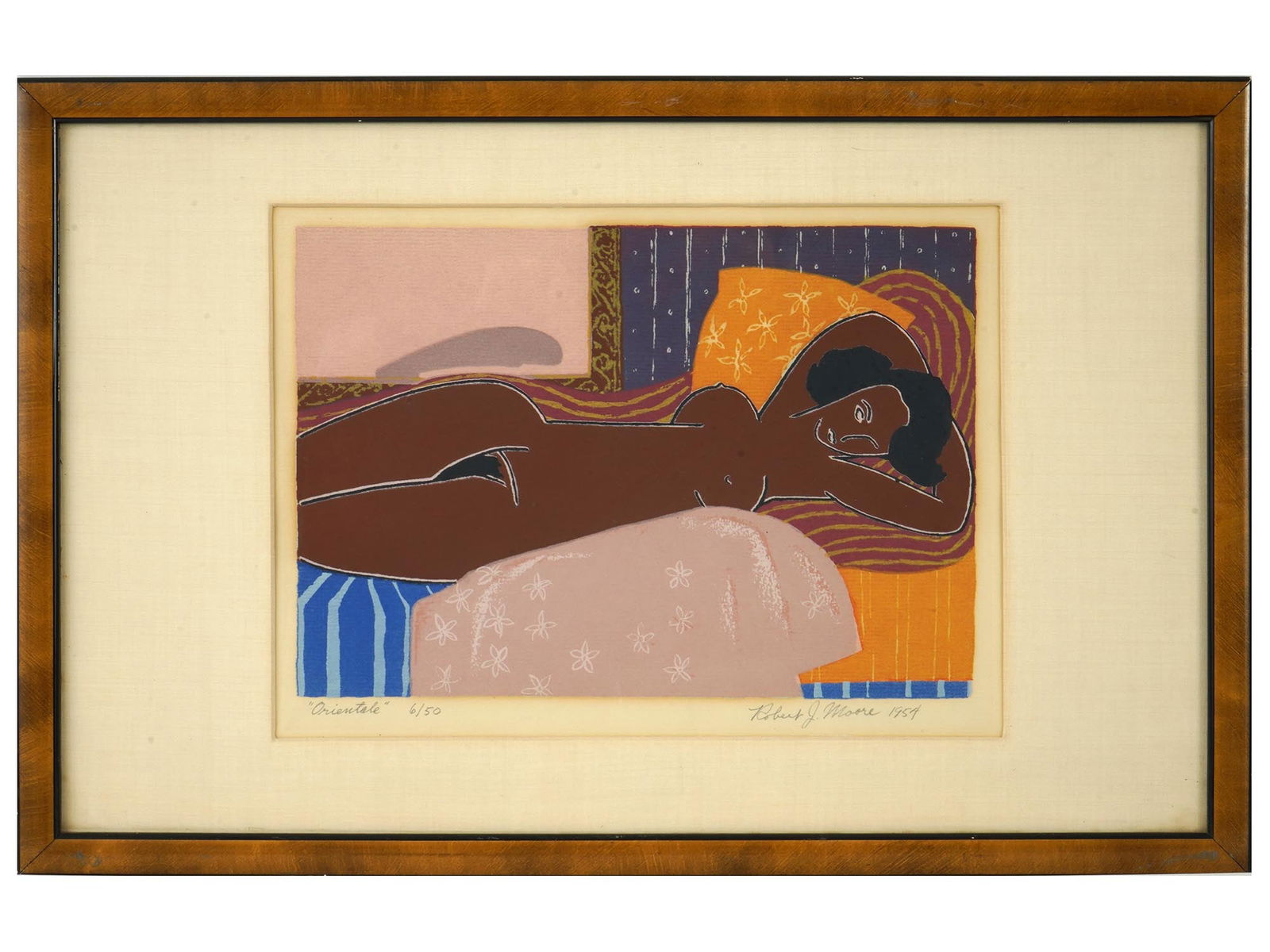 1954 AMERICAN PORTRAIT WOODBLOCK BY ROBERT MOORE: A vintage American limited edition color woodblock print on paper by Robert J. Moore titled Orientale. The artwork depicts a nude portrait painting. Signed by the artist, Robert J. Moore, and dated 19
