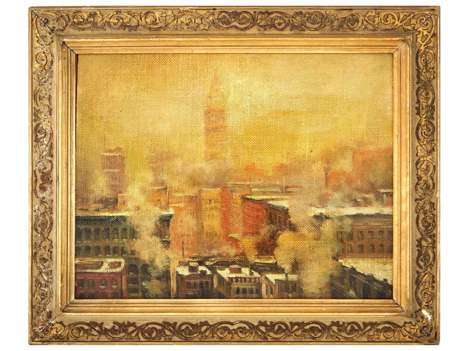 ANTIQUE AMERICAN CITY LANDSCAPE OIL PAINTING (1 of 3)