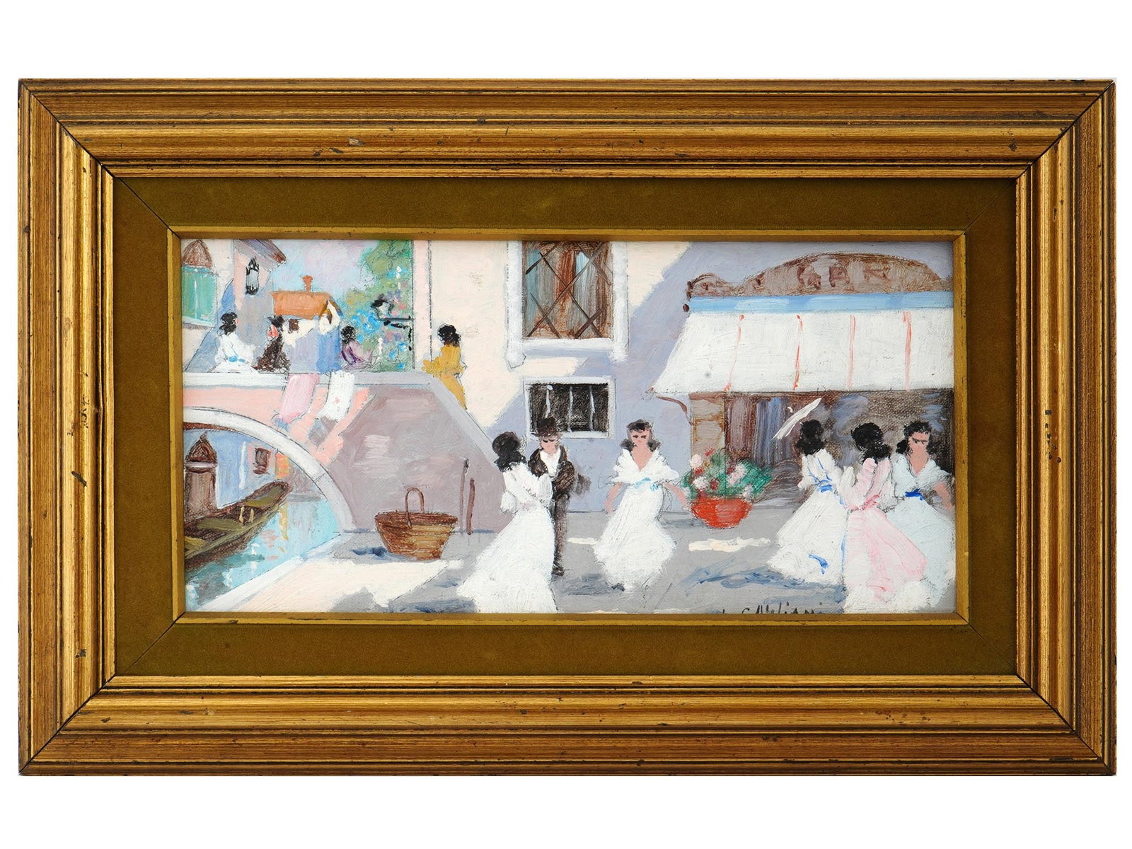 MID CENTURY ITALIAN PAINTING BY LUIGI CAGLIANI VENICE: Luigi Cagliani, Italian, 1910 to 1987, oil painting on board depicting a scene with figures in Venice. Signed lower right. Additionally inscribed to the back. Framed. As an Italian Impressionist who w