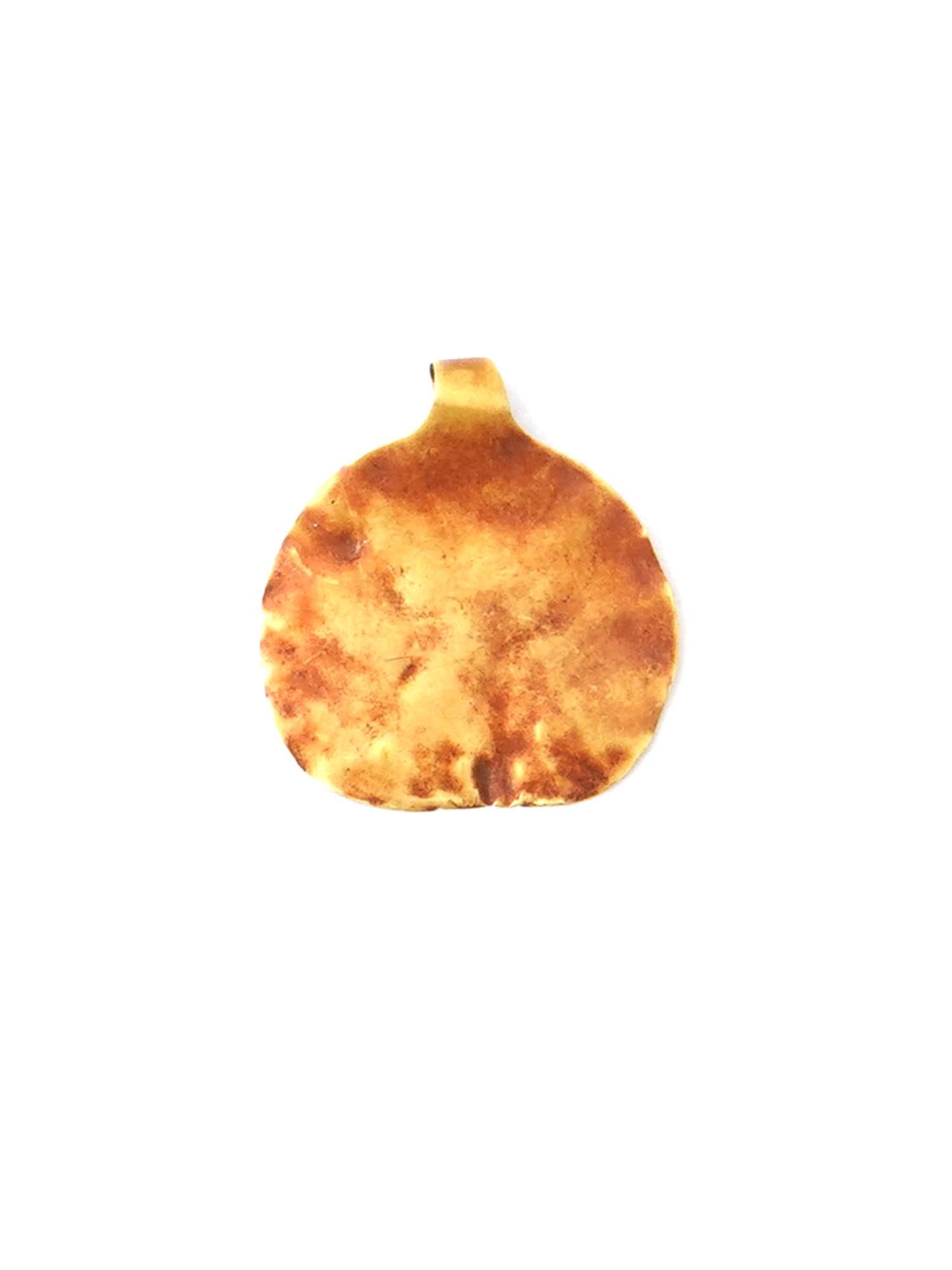 ANCIENT EGYPTIAN LATE PERIOD ROUND SHAPED GOLD PENDANT: An ancient Egyptian gold pendant from the Late Period, dating between 700 to 300 BC. This round-shaped pendant features a gracefully curved top designed for a loop, allowing it to be worn as a necklac