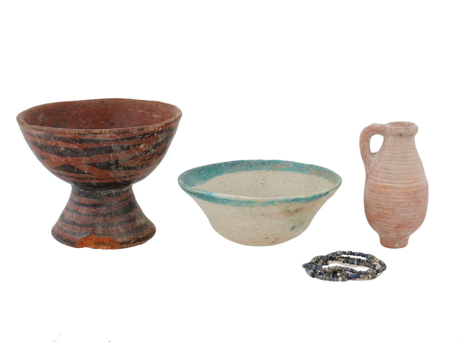 ANCIENT ROMAN TERRACOTTA BOWLS JUG AND GLASS NECKLACE (1 of 6)