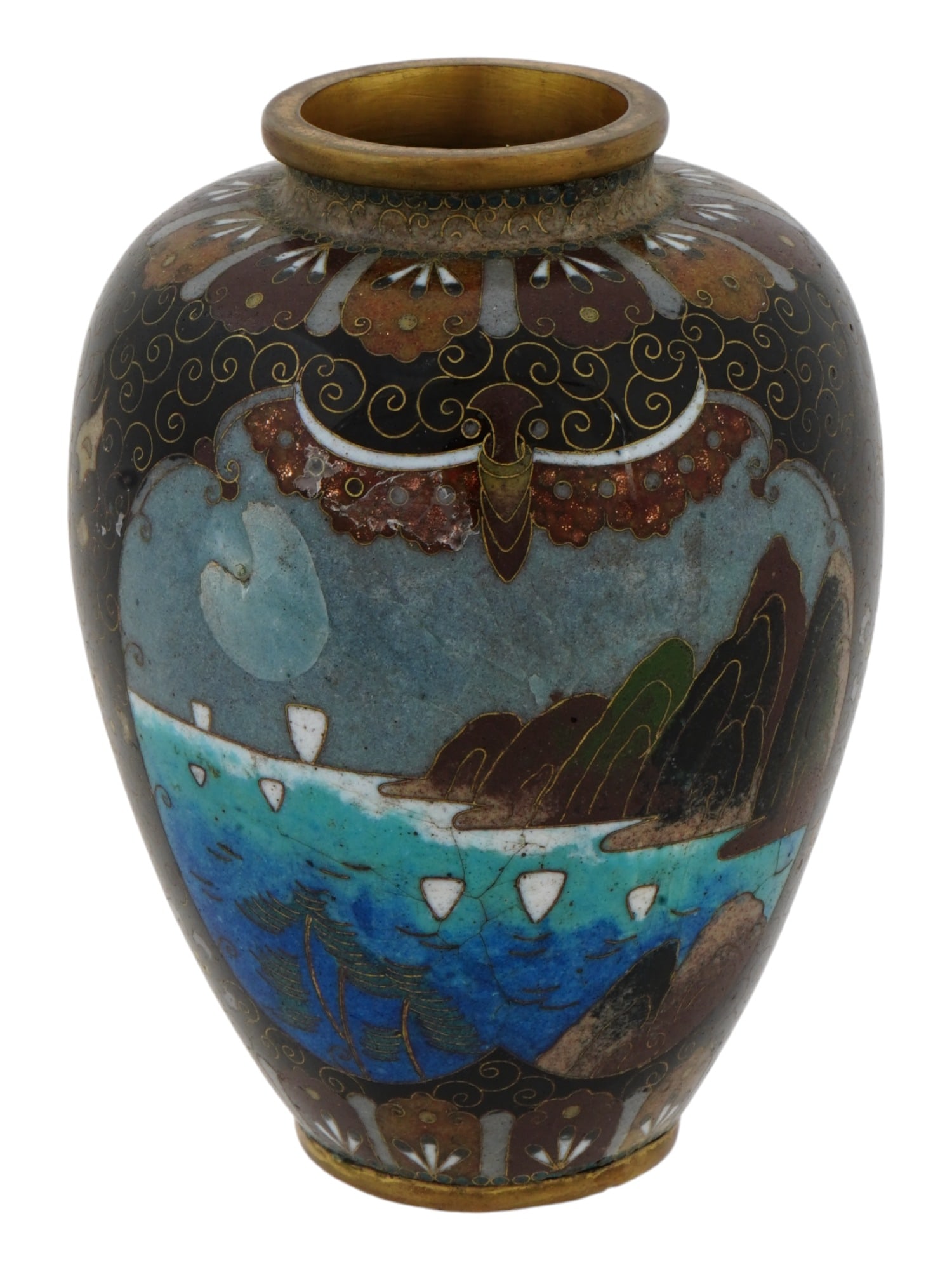 ANTIQUE JAPANESE EARLY MEIJI CLOISONNE ENAMEL VASE: An antique Japanese vase from the early Meiji period, decorated with enamel using the cloisonne technique. The wide vase with a narrow neck and a complex, varied pattern. At the base and around the ne