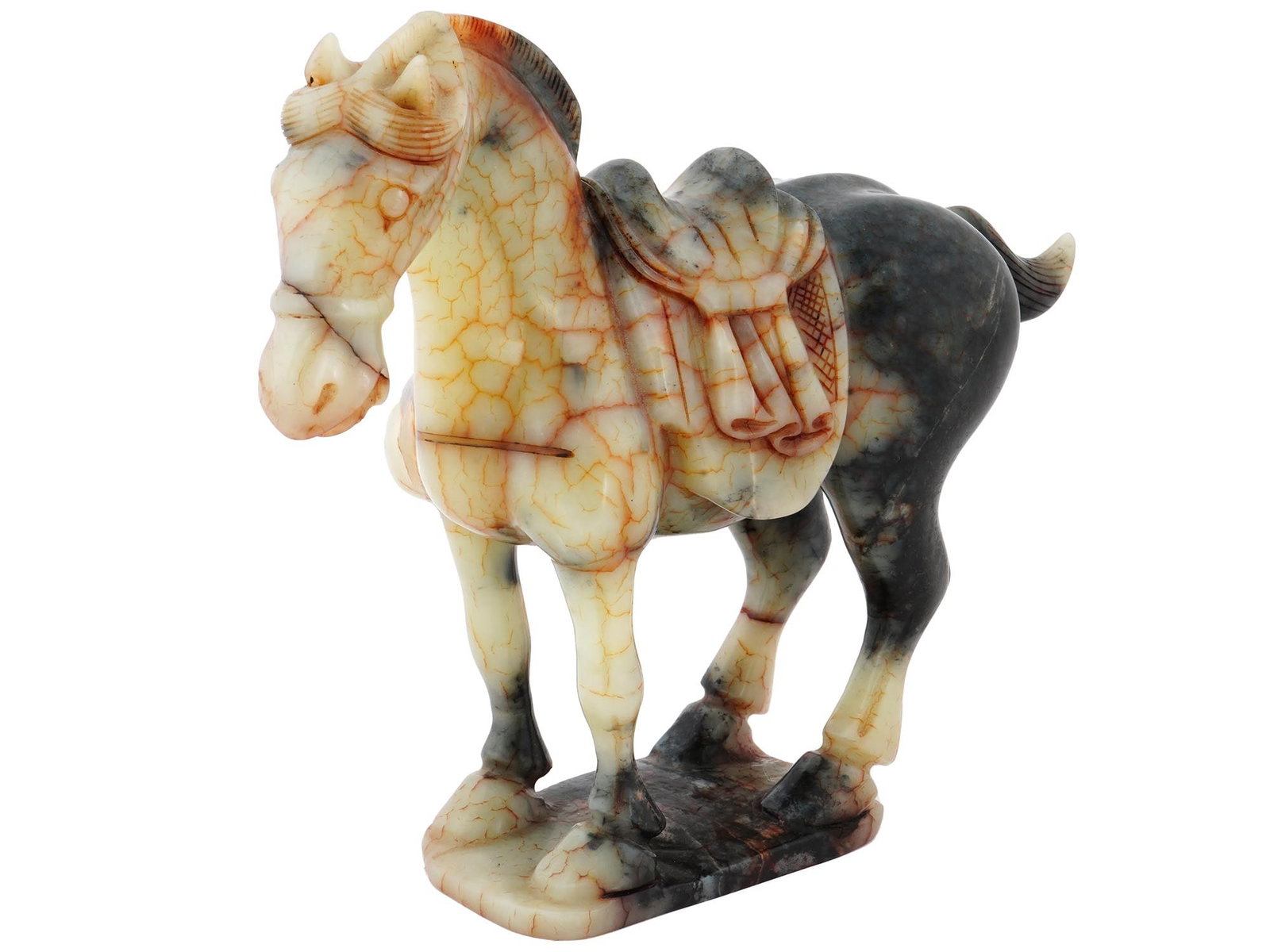 CHINESE TANG DYNASTY STYLE HAND CARVED HARDSTONE HORSE: An antique Chinese Tang Dynasty style hand carved hardstone horse figure. The figure represents an engraved horse with detailed patterns standing on a stand with a saddle. Featuring black and white wi