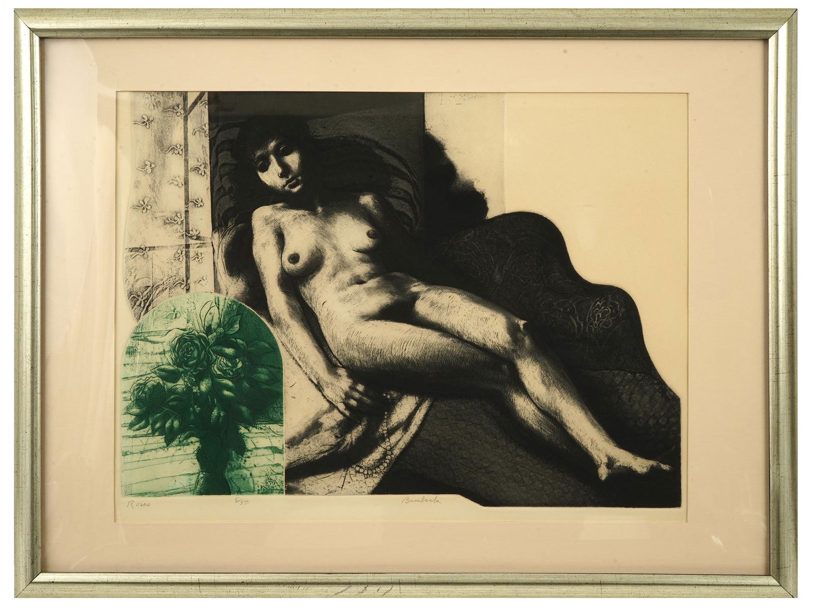 LTD AMERICAN NUDE PORTRAIT ETCHING BY DAVID BUMBECK: David A. Bumbeck, American, born 1940, a limited edition colored etching on paper, Roses, depicting a portrait of a reclining nude woman with flowers. Signed in pencil, lower to the center. Numbered 5
