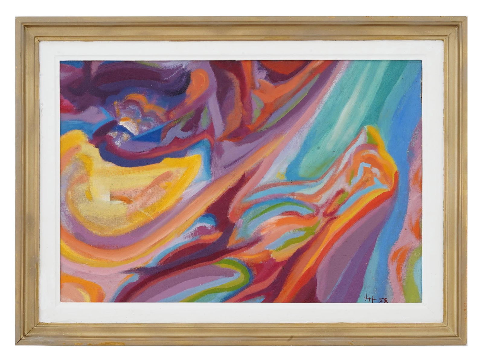 ABSTRACT AMERICAN OIL PAINTING BY HANS HOFMANN: Hans Hofmann, American, German, 1880 to 1966, oil painting on canvas mounted on board depicting an Abstract Expressionist composition, 1958. Signed with a monogram and dated, lower right. Framed. Addi