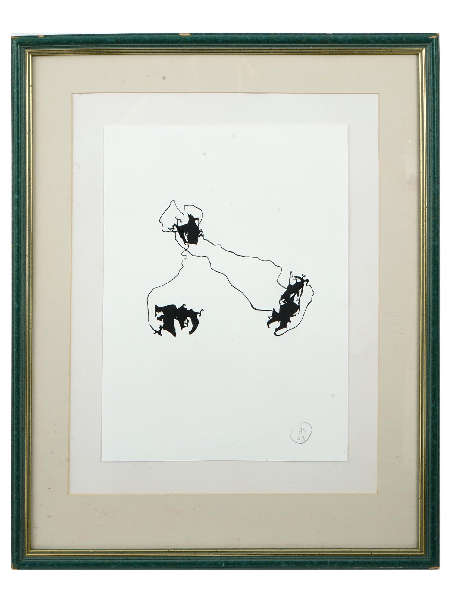 ABSTRACT POLISH PAINTING BY ALINA SZAPOCZNIKOW SIGNED: Alina Szapocznikow, Polish, 1926 to 1973, an abstract ink painting on paper, signed by the artist lower right and dared 1963. Matted and framed. Recognized as one of the most important Polish sculptor