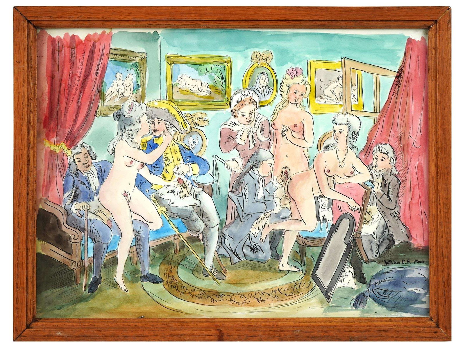 ANTIQUE FRENCH EROTICA WATERCOLOR PAINTINGS SIGNED: Watercolor and ink on paper painting. French, early 19th century. The artwork depicts a Rococo erotic scene of group sex. Signed by the artist, William CB, Paris in the lower right. Wooden frame. Coll