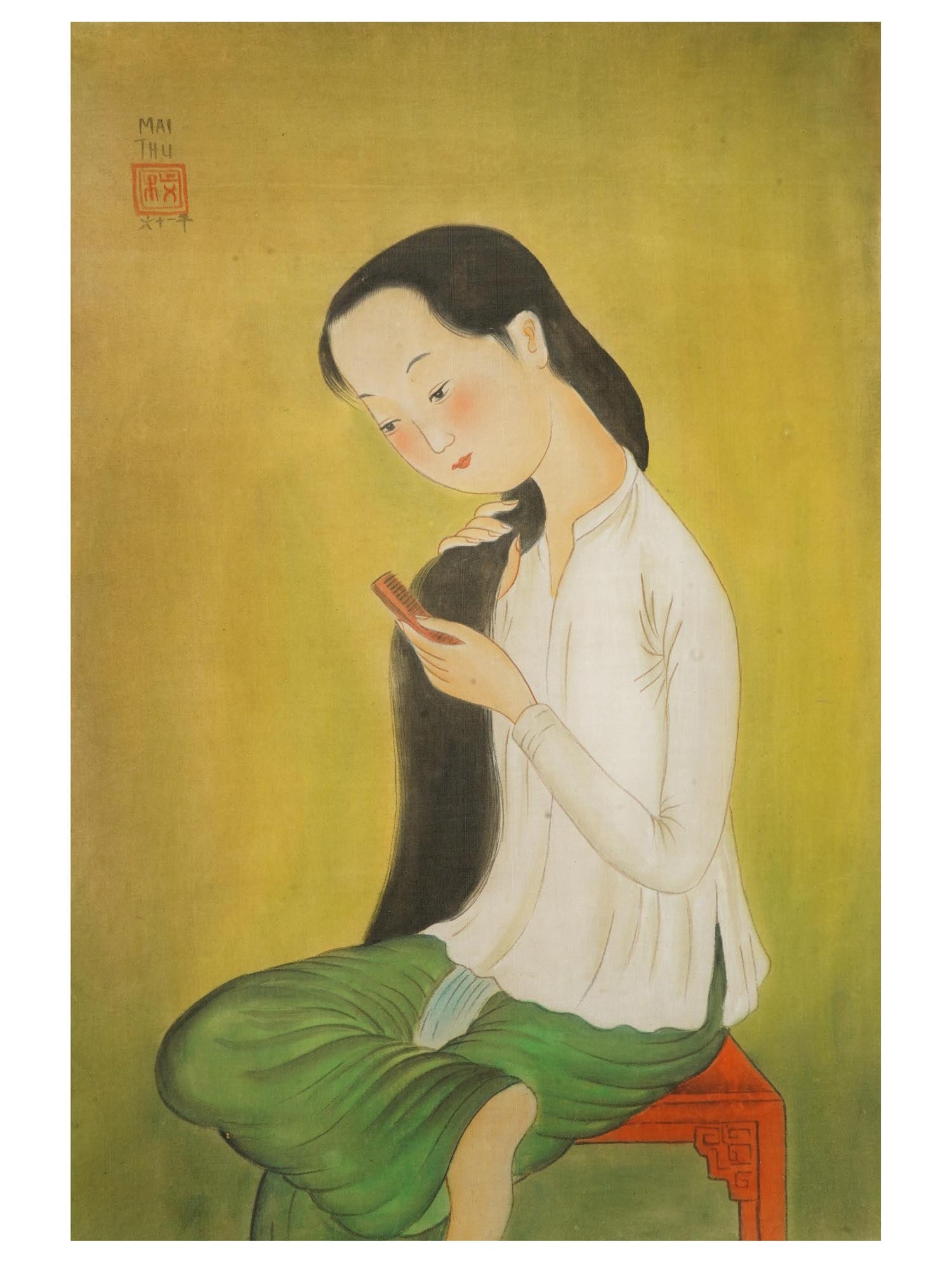 VIETNAMESE WATERCOLOR PAINTING AFTER MAI TRUNG THU: An ink and watercolor painting on silk depicting an interior portrait of a young woman combing hair after Mai Trung Thu, Vietnamese, French, 1906 to 1980. Signed in Latin and with Calligraphy, and sta