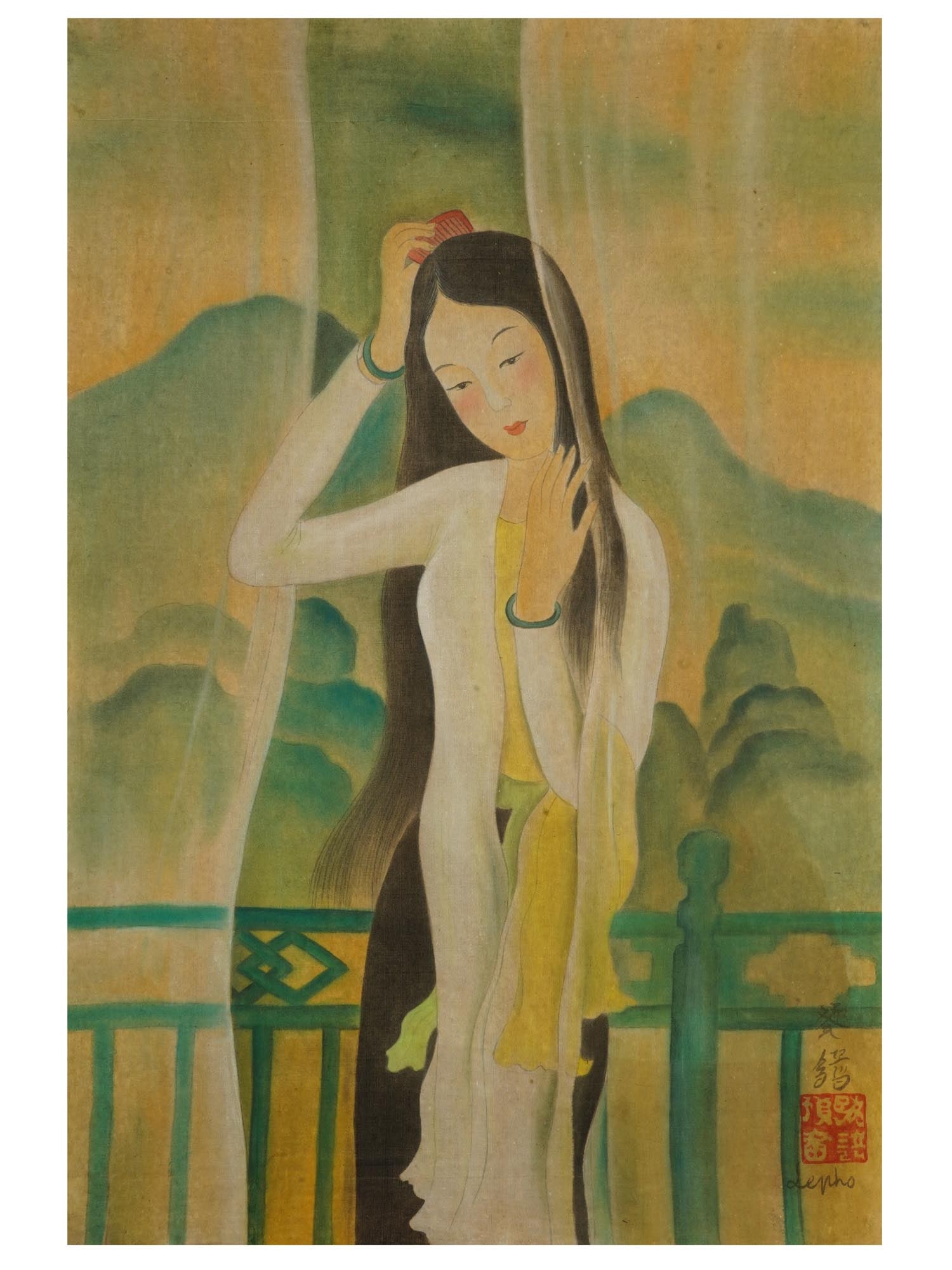 VIETNAMESE PORTRAIT PAINTING ON SILK AFTER LE PHO: An ink and watercolor painting on silk depicting a portrait of a young woman combing hair after Le Pho, Vietnamese, French, 1907 to 2001. Signed with Calligraphy and in Latin, lower right. Stamped wit