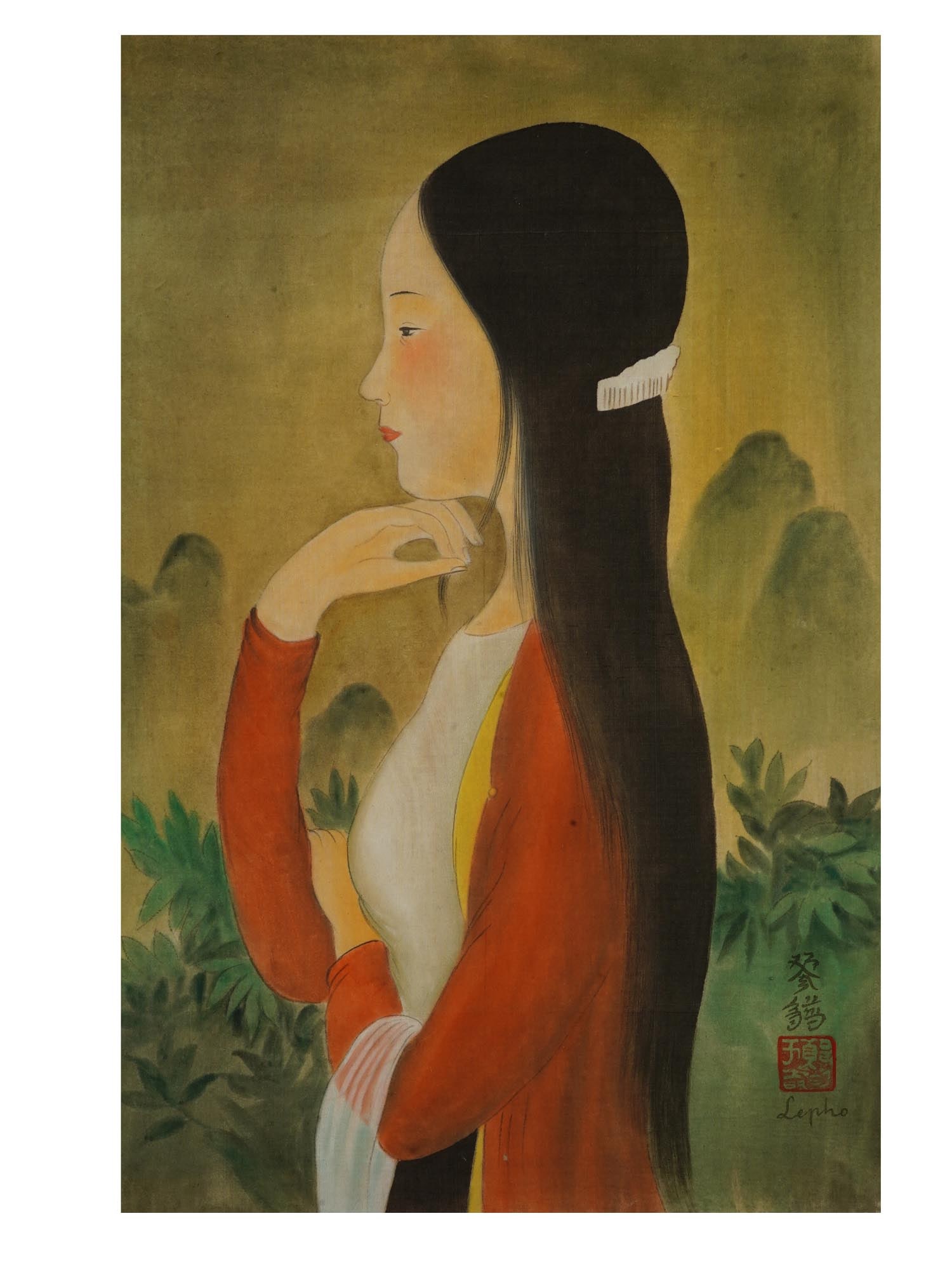 VIETNAMESE PORTRAIT PAINTING ON SILK AFTER LE PHO: An ink and watercolor painting on silk depicting a portrait of a woman in a landscape after Le Pho, Vietnamese, French, 1907 to 2001. Signed with Calligraphy and in Latin, lower right. Stamped with a