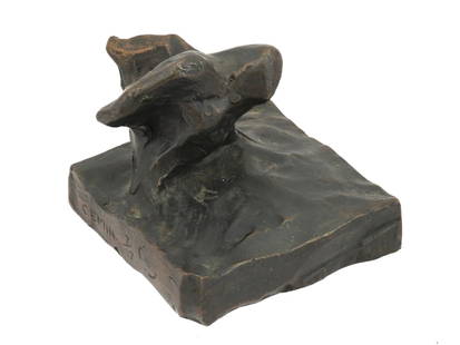 POST MODERN BRONZE SCULPTURE BY SAINT CLAIR CEMIN: A limited edition patinated cast bronze sculpture, Fagel, by Saint Clair Cemin, Brazilian, born 1951. Mounted on a rectangular shaped base. Signed, Cemin, and numbered 7 of 7, on the base. Saint Clair