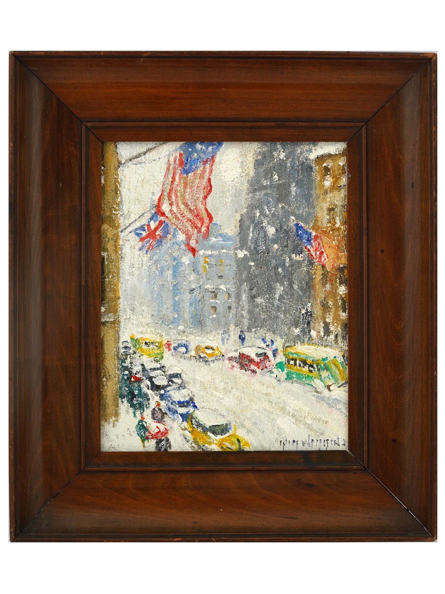AMERICAN GUY WIGGINS WINTER CITYSCAPE OIL PAINTING: Guy Carleton Wiggins, American, 1883 to 1962, cityscape oil painting on canvas on board, titled Winter. Signed lower right. Framed. Additionally signed and titled on the backside. Guy Carleton Wiggins