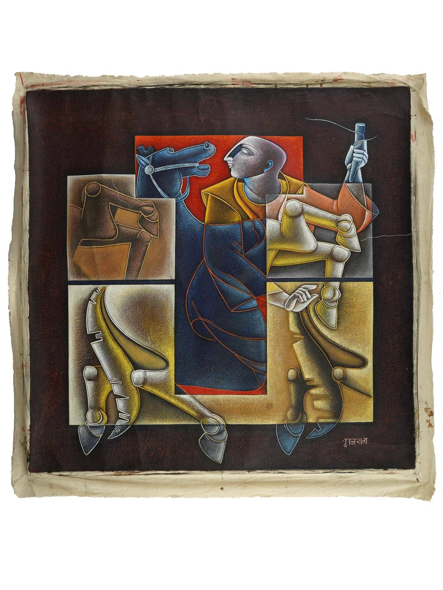 SATISH GUJRAL INDIAN MODERNIST MIXED MEDIA PAINTING: Satish Gujral, Indian, 1925 to 2020, mixed media painting on canvas depicting a figurative genre scene with a man and a horse. Signed lower right. Additionally inscribed, on the backside. Satish Gujra