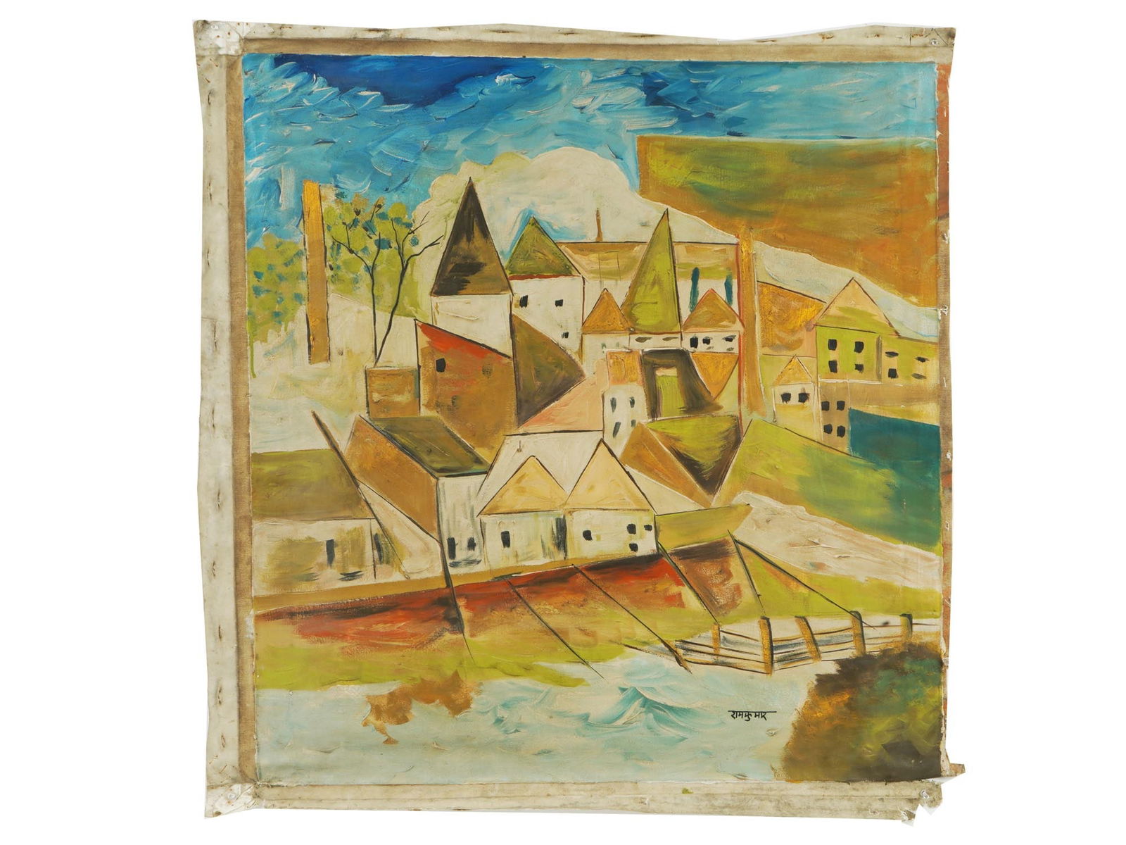 ATTR TO RAM KUMAR INDIAN CITYSCAPE OIL PAINTING: Attributed to Ram Kumar, Indian, 1924 to 2018, oil painting on canvas depicting an Expressionist cityscape. Signed, lower right. Born in 1924 in Simla, Ram Kumar was among Indias leading modernists. H