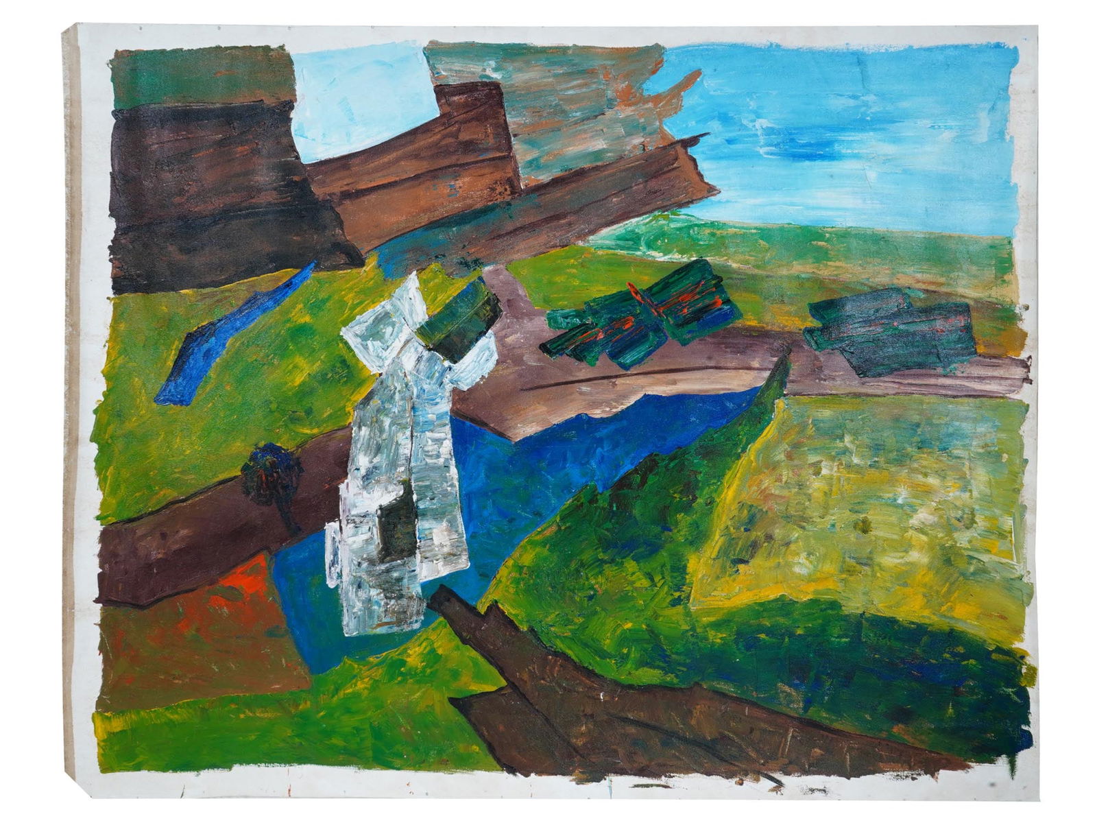 ATTR TO RAM KUMAR INDIAN ACRYLIC PAINTING W COA: Attributed to Ram Kumar, Indian, 1924 to 2018, acrylic painting on canvas depicting an abstract landcsape. Inscribed on the backside. Comes with a certificate of authenticity, signed by the artist. Bo