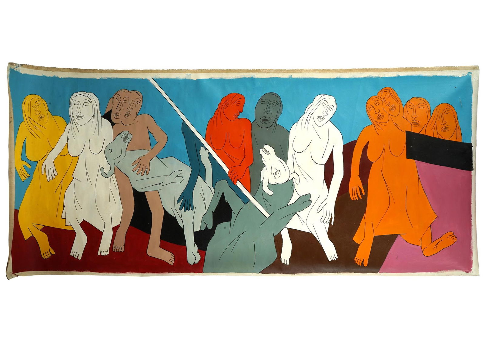 TYEB MEHTA INDIAN ACRYLIC PAINTING WITH COA: Tyeb Mehta, Indian, English, 1925 to 2009, acrylic painting on canvas depicting a group genre scene 1998. Signed and dated on the backside. Completed with a certificate of authenticity, signed and dat