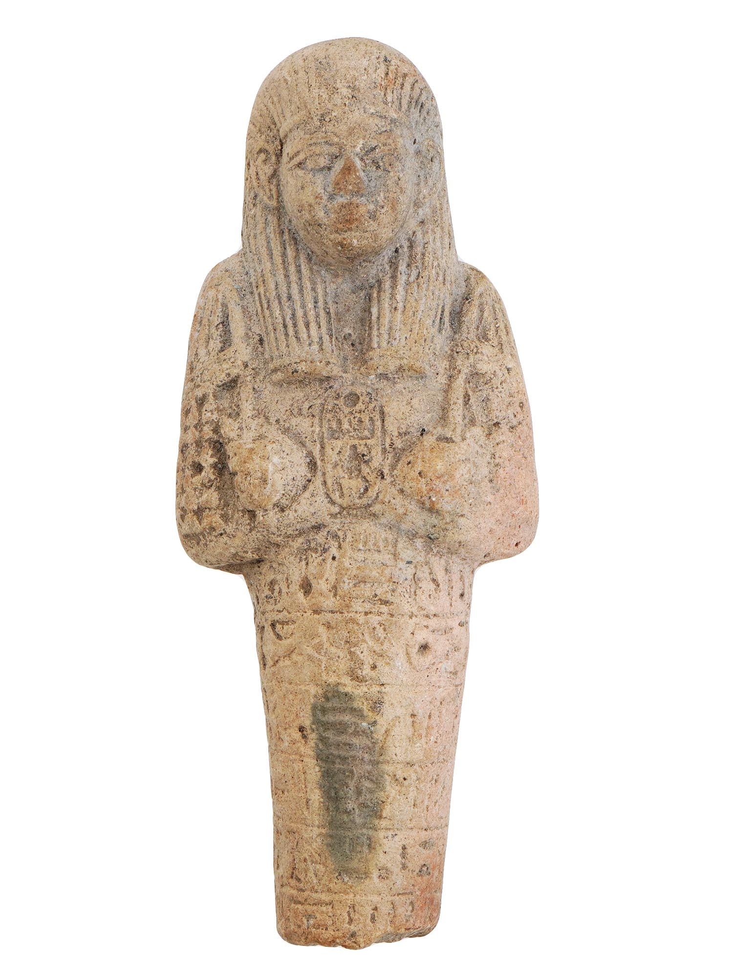 ANCIENT EGYPTIAN CLAY USHABTI STATUE WITH HIEROGLYPHICS: An ancient Egyptian clay ushabti statue dating from 1500 to 800 BC. Ushabtis were funerary figurines placed in tombs to serve the deceased in the afterlife, performing laborious tasks on their behalf.