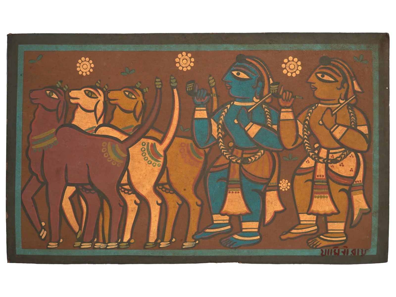 ATTR TO JAMINI ROY INDIAN TEMPERA PAINTING W COA: Attributed to Jamini Roy, Indian, 1887 to 1972, tempera painting on board depicting a scene with Krishna and the Gopis. Signed in Bengali, lower right. Completed with a certificate of authenticity, si