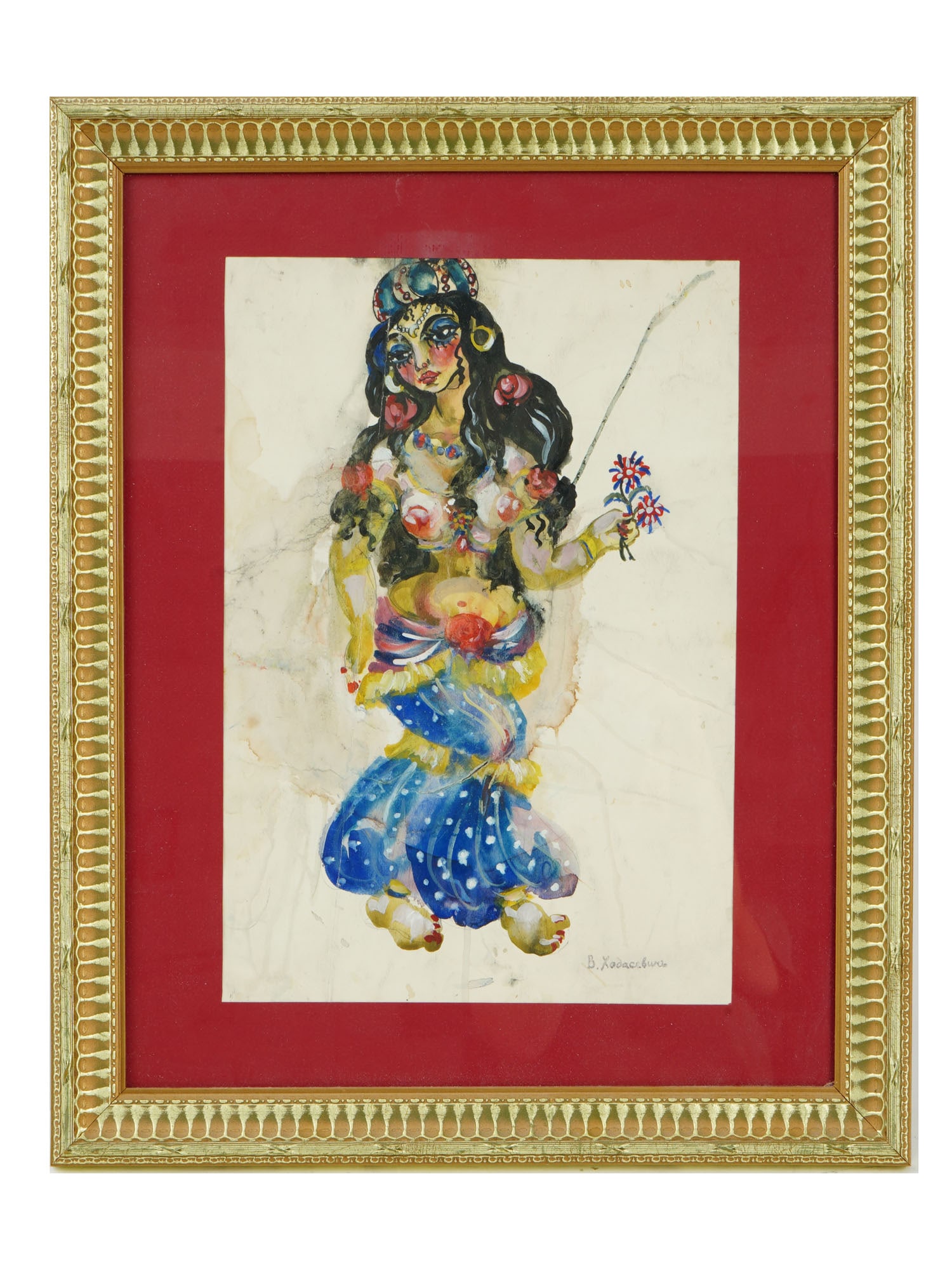 VALENTINA KHODASEVICH RUSSIAN SOVIET ERA PAINTING: Valentina Khodasevich, Russian, Soviet, 1894 to 1970, an oil on paper painting depicting a semi nude dancer. Signed in the Cyrillic lower right. Matted and framed. Valentina Mikhailovna Khodasevich wa