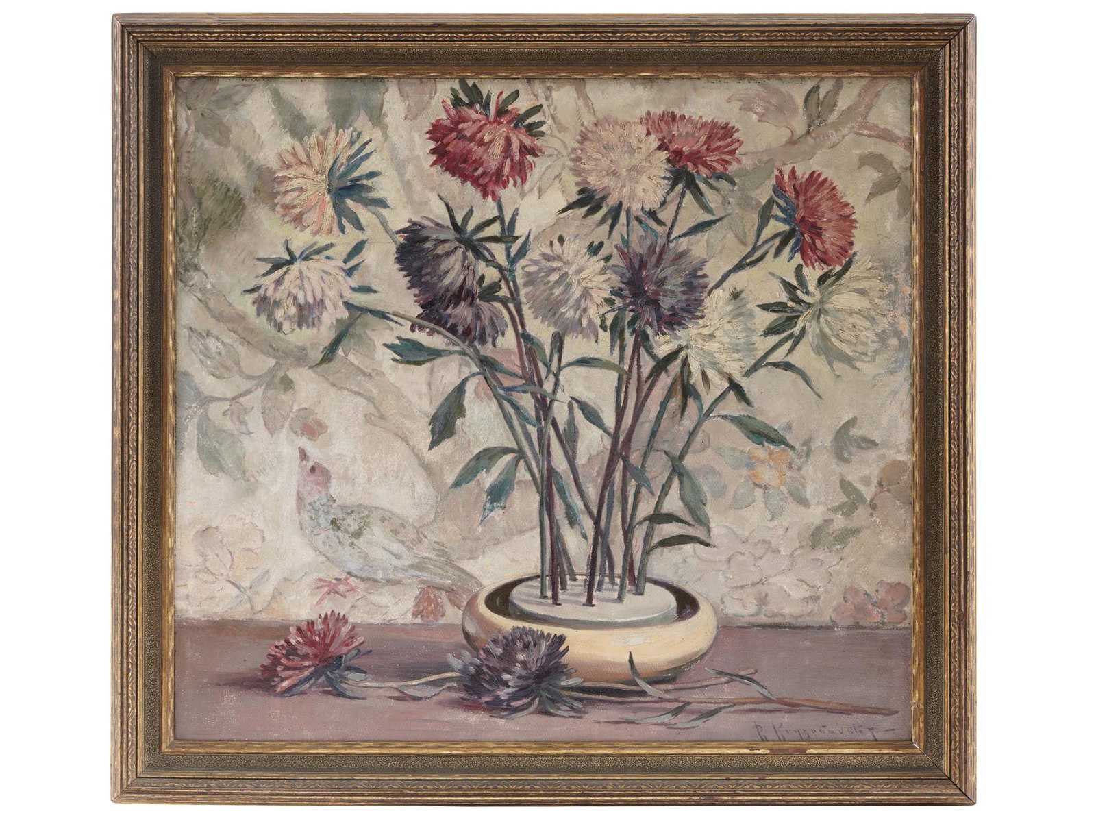 ROMAN KRYZANOVSKY RUSSIAN STILL LIFE OIL PAINTING: Roman Kryzanovsky, Polish, Russian, American, 1885 to 1929, oil painting on masonite depicting a still life with flowers. Signed lower right. Framed. Additionally signed, inscribed, and dated Septembe
