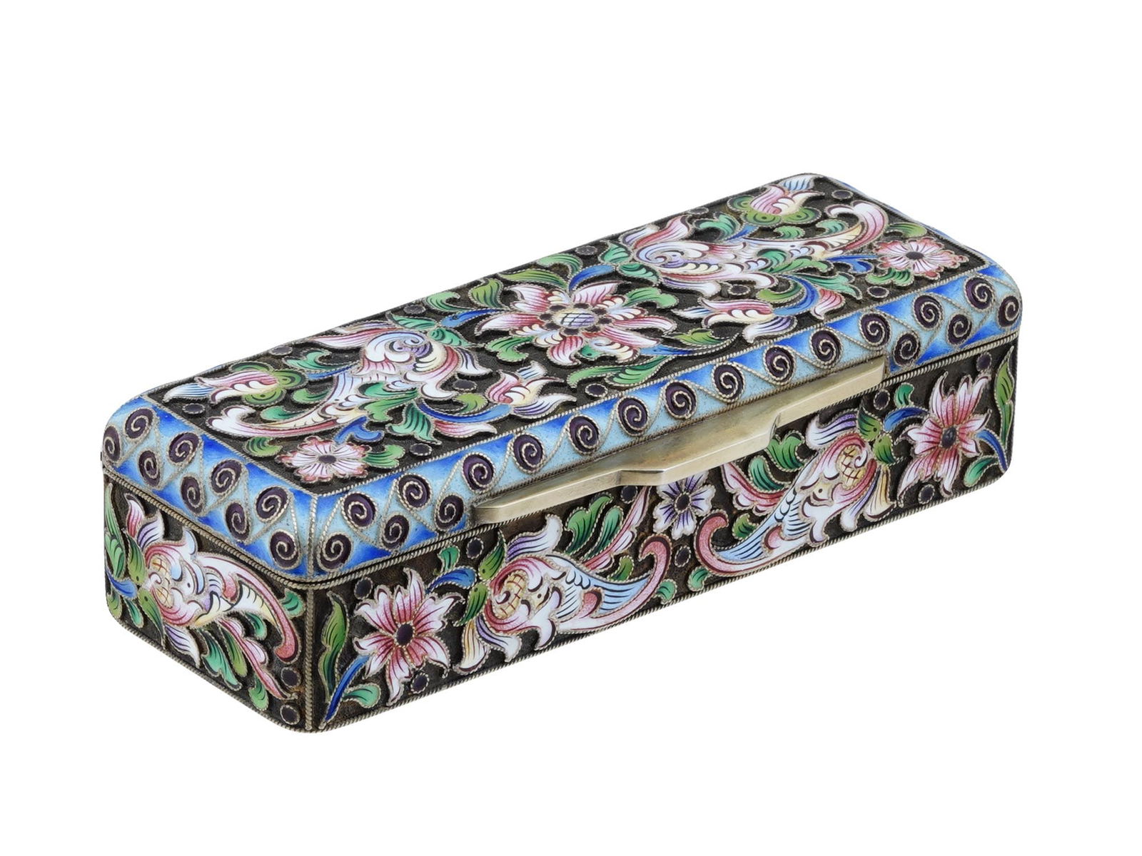 RUSSIAN 84 SILVER CLOISONNE ENAMEL CASKET PILL BOX: A Russian enamel 84 Silver casket or pill box. A gold wash interior. The exterior of the box is covered with polychrome enamel floral, foliage, and swirl patterns made in the Cloisonne technique. Mark