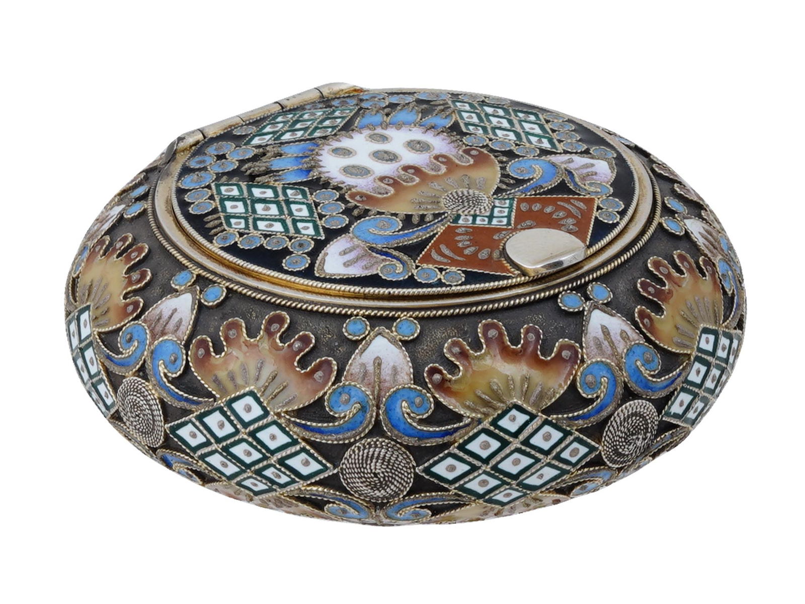 RUSSIAN GILT SILVER CLOISONNE ENAMEL PILL BOX: A Russian round gilt silver pill box with hinged lid. The exterior is decorated with polychrome cloisonne enamel in geometric ornaments. Hallmark of 88 silver standard and makers mark are on the botto