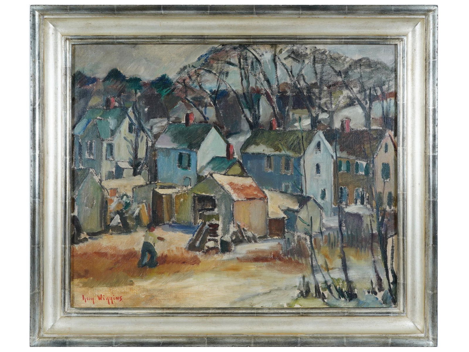 SIGNED GUY WIGGINS AMERICAN CITYSCAPE PAINTING: Guy Wiggins, American, 1883 to 1962, an oil painting on canvas depicting a cityscape. Signed lower left. Additionally inscribed to the back. Framed. Guy Carleton Wiggins was an impressionist painter.
