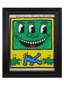 KEITH HARING SIGNED MIXED MEDIA PAINTING 1987