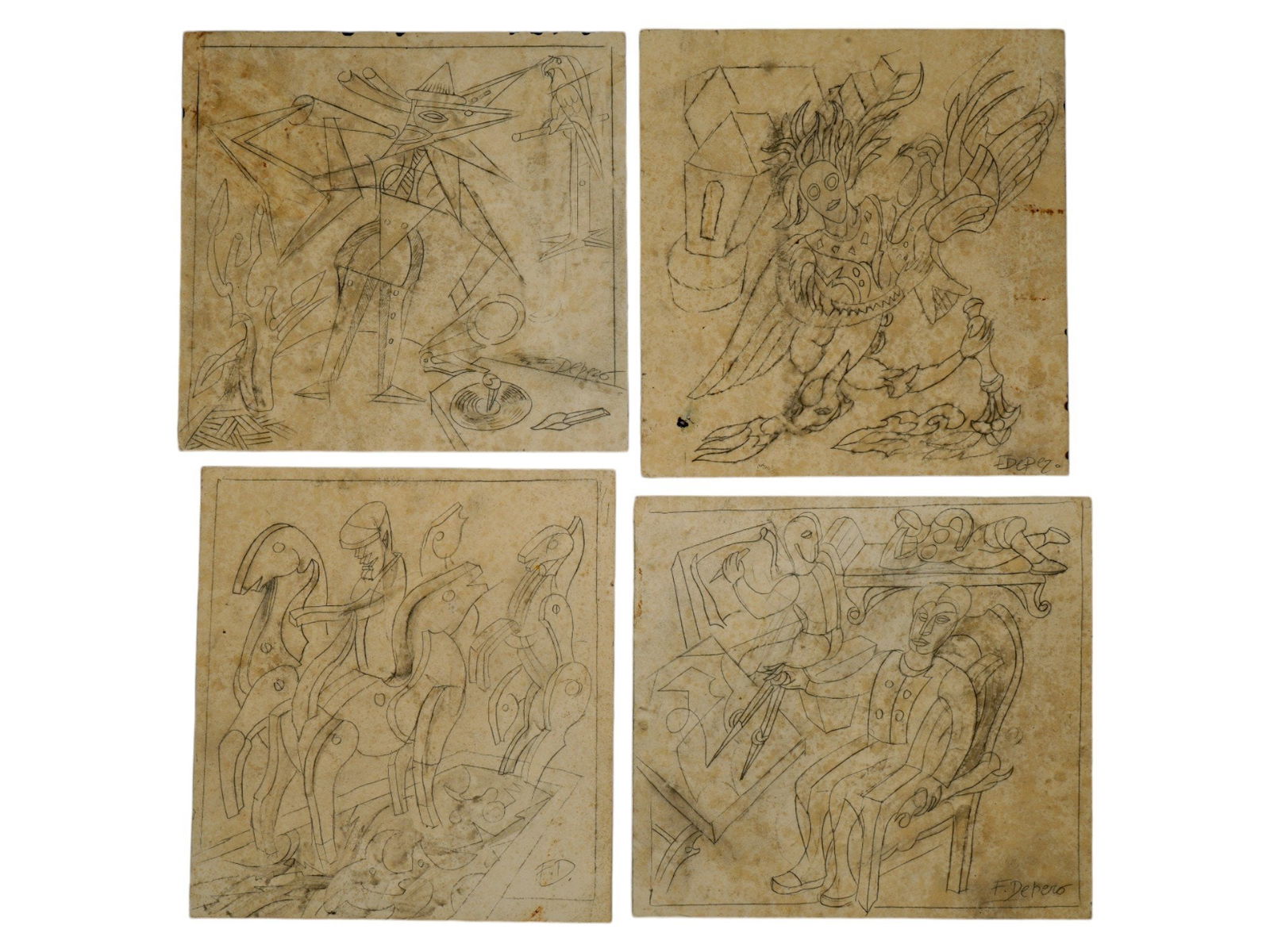 ATTR TO FORTUNATO DEPERO ITALIAN PENCIL PAINTINGS (1 of 7)