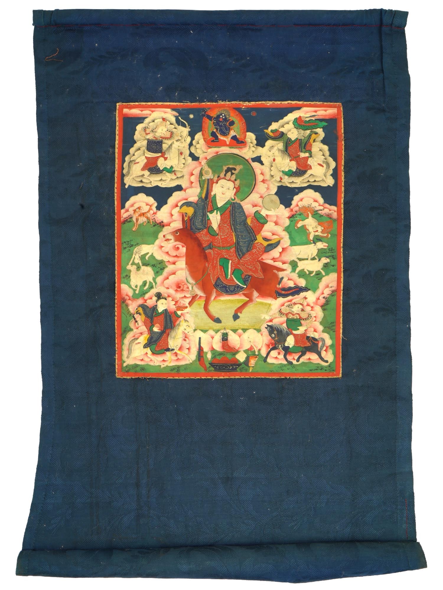 ANTIQUE THANGKA PAINTING TIBET FIVE FOREMOST DEITIES: An antique Chinese thangka painting from Tibet depicting the Five Foremost Deities, rendered in opaque pigments on cloth. The Female Goddess is on horseback. Flanked by four gods, the Life God, the Ma