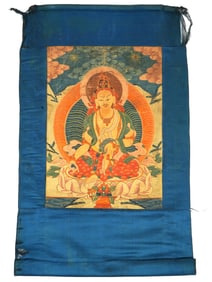 ANTIQUE CHINESE THANGKA PAINTING FROM TIBET GREEN TARA