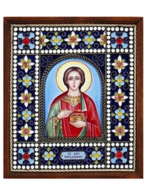 MODERN RUSSIAN ST PANTELEIMON ENAMEL ON SILVER ICON
