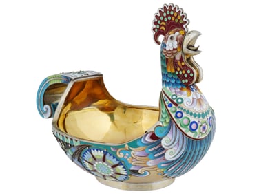 RUSSIAN GILT SILVER CLOISONNE ENAMEL ROOSTER KOVSH