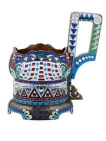 RUSSIAN GILT SILVER AND ENAMEL KOVSH TEA GLASS HOLDER